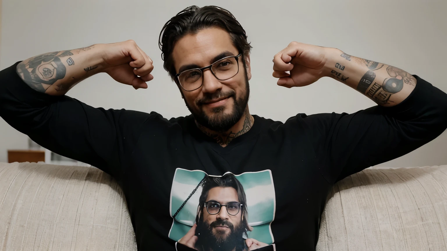 Homem, barbudo, de 45 anos, sorrindo, gordinho, cabelo baixo, with black glasses, he will be posing as if he is taking a photo, with his arm raised, mostrando 2 dedos, A foto deve ser do torax para a cima, and he must hold the camera, O fundo da imagem do it on a couch, with your family, he has tattoos on his arm, written in Portuguese "Sempre vencendo!" He will be wearing a sweatshirt, um casaco grosso,