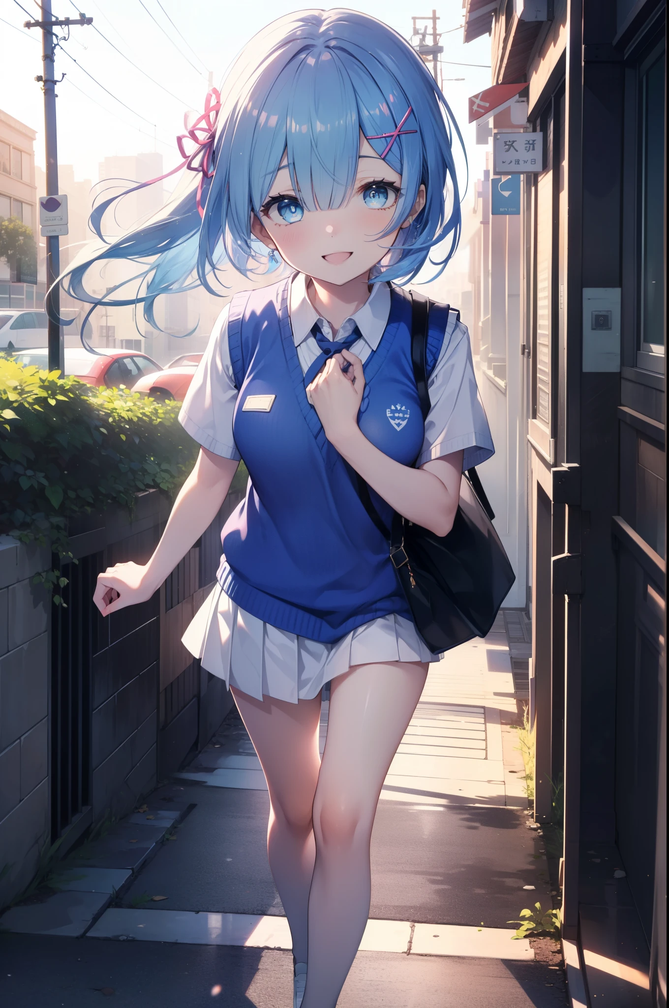 rezeroRem, Rem, blue eyes, Blue Hair, hair ornaments, Hair above one eye, Hair Ribbon, Long Hair, x hair ornaments,Side Ponytail,happy smile, smile, Open your mouth,,White Y-shirt,Short sleeve,Sweater vest, (blue Sweater vest:1.5),
,Black pleated skirt,White Pantyhose,Brown Loafers,morning,morning陽,The sun is rising,Walking,
break outdoors, city,Building Street,
break looking at viewer,whole body,
break (masterpiece:1.2), highest quality, High resolution, unity 8k wallpaper, (shape:0.8), (Fine and beautiful eyes:1.6), extRemely detailed face, Perfect lighting, extRemely detailed CG, (Perfect hands, Perfect Anatomy),