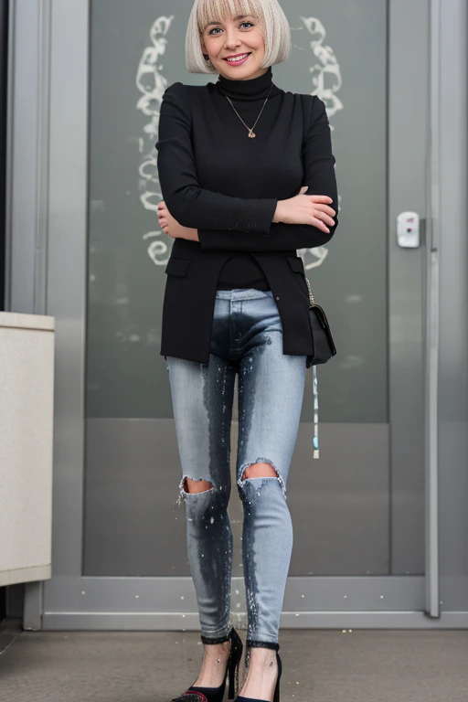 (white skinny jeans:1.2), (Best Quality,high resolution,bokeh:1.2),woman,Pronounced wrinkles,platinum blonde hair,((very short frizzy Blunt Textured bob haircut)),Detailed eyes and face,white blouse,(standing:1.0),(big smile), Posing, standing in an office,(black high heel pumps)), ((show heels)), jeans are wrinkled from wetness, peeing, wetting self, shins of jeans soaked with pee