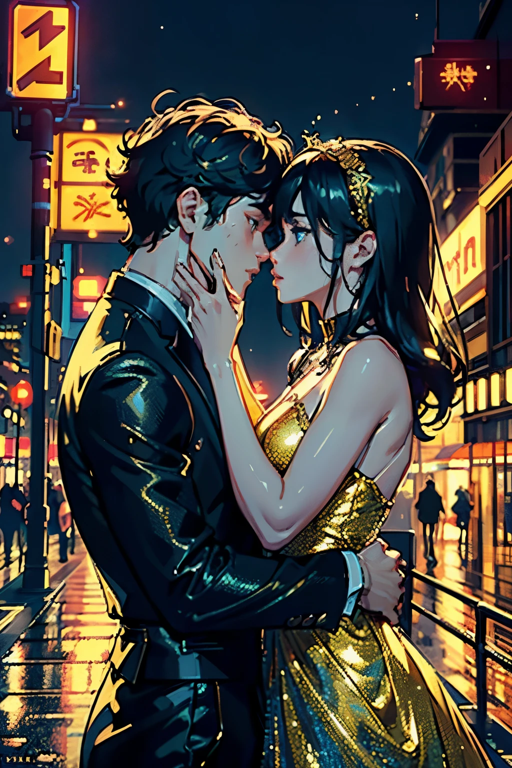 (Masterpiece), High Quality, 2 Characters, Sparkling Dress, Girl, Boy, Kiss, (Golden dress with broad shoulder pads, shimmering fabric), (Tall and muscular boy with messy hair), (Background: cityscape lit by neon lights), (Dynamic lighting, deep focus on the couple), (Close up shot, lips almost touching), (Intense, passionate), (Bold and beautiful), (Cinematic, dramatic), (Photorealistic, 8K Wallpaper, High resolution), (Extra detailed face, highly-detailed skin), (Eyes with beautiful details, intense gaze), (Physically-based rendering, award-winning), (