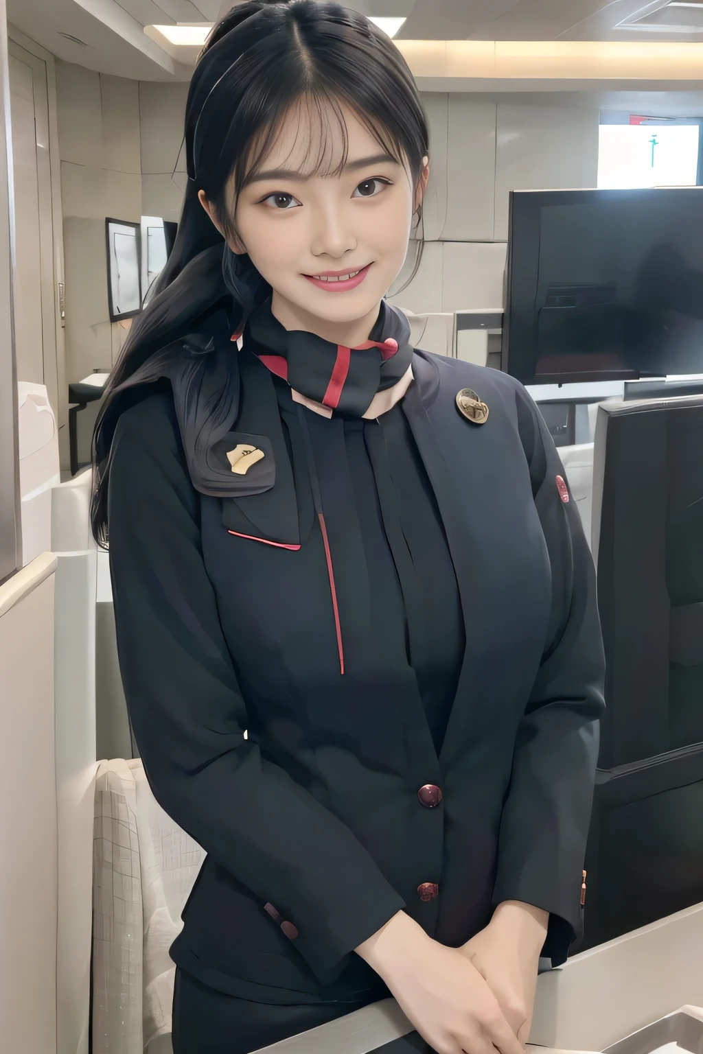(masterpiece:1.2、highest quality:1.2)、32K HDR、High resolution、(alone、1 girl、Slim figure)、(Realistic style with JAL cabincrew uniform)、 (At the airport counter, Professional Lighting)、A proper woman, Beautiful Face,、(JAL cabincrew uniform)、(Long sleeve JAL cabin crew uniform)、(Scarf around the neck)、Big Breasts、(Long hair updo、Chignon)、Dark brown hair、Long Shot、((Fine hand:2.0))、((Harmonious body proportions:1.5))、((Normal limbs:2.0))、((Normal finger:2.0))、((Delicate eyes:2.0))、((Normal eyes:2.0)))、Beautiful standing posture、smile
