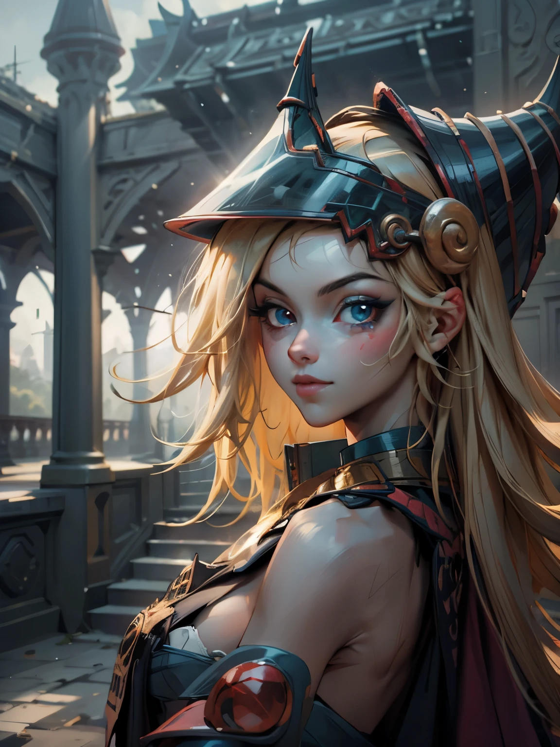 Dark magician gils tomando una selfies. Cabello rubio y largo. Ojos azules. Labios rojos. Sonrisa. Ella se toma una selfies. Pose sensual y sexy. Fondo de ruinas mayas
