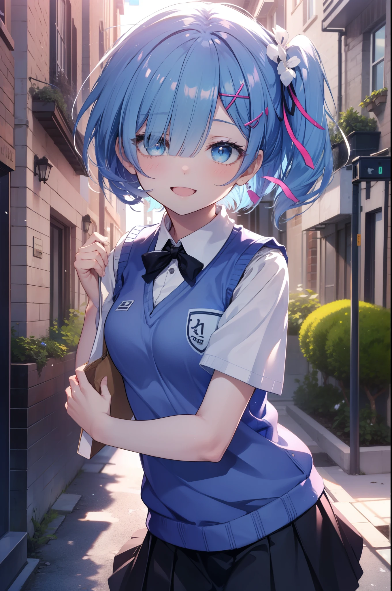 rezeroRem, Rem, blue eyes, Blue Hair, hair ornaments, Hair above one eye, Hair Ribbon, Long Hair, x hair ornaments,Side Ponytail,happy smile, smile, Open your mouth,,White Y-shirt,Short sleeve,Sweater vest, (blue Sweater vest:1.5),
,Black pleated skirt,White pantyhose,Brown Loafers,morning,morning陽,The sun is rising,Walking,
break outdoors, city,Building Street,
break looking at viewer,whole body,
break (masterpiece:1.2), highest quality, High resolution, unity 8k wallpaper, (shape:0.8), (Fine and beautiful eyes:1.6), extRemely detailed face, Perfect lighting, extRemely detailed CG, (Perfect hands, Perfect Anatomy),