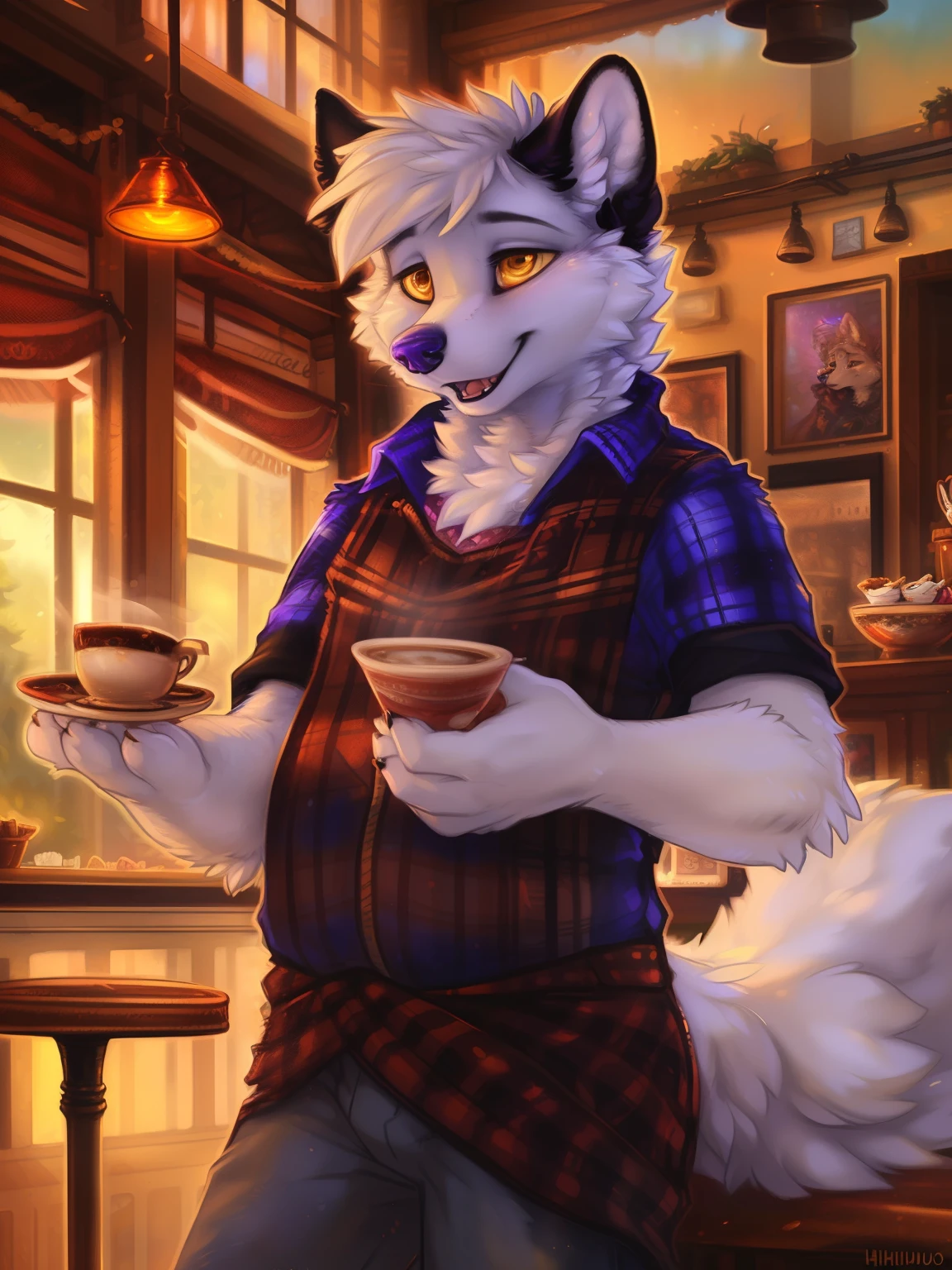 (by hioshiru and kenket and dimwitdog, michael amp inessa garmash, ruan jia, pino daeni, chunie) 3d, arctic fox, anthro, very chubby, male, amber eyes, solo, cafe, standing, clothed, alligator, hybrid, young, arms cross