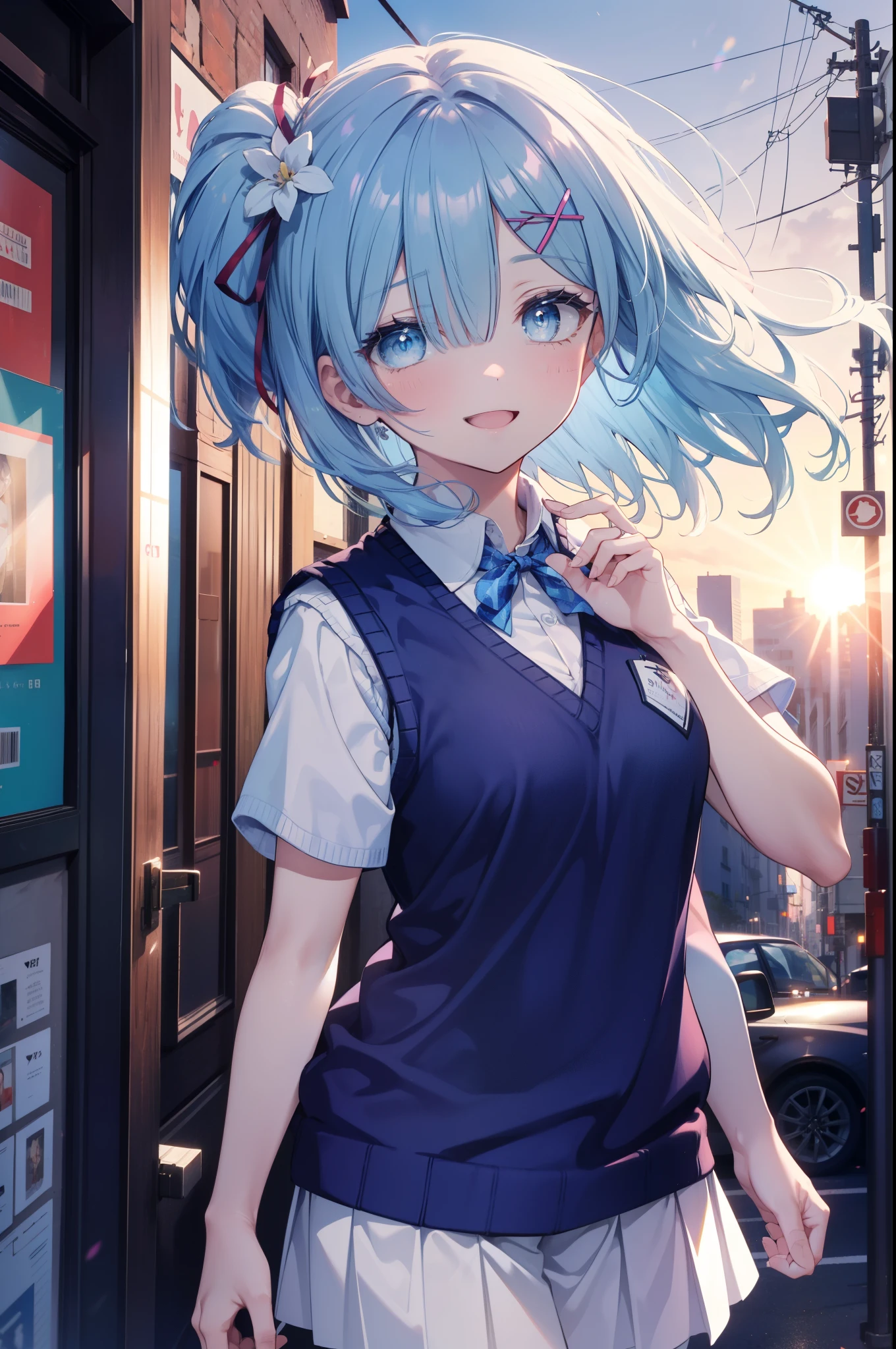 rezeroRem, Rem, blue eyes, Blue Hair, hair ornaments, Hair above one eye, Hair Ribbon, Long Hair, x hair ornaments,Side Ponytail,happy smile, smile, Open your mouth,,White Y-shirt,Short sleeve,Sweater vest, (blue Sweater vest:1.5),
,Black pleated skirt,White pantyhose,Brown Loafers,morning,morning陽,The sun is rising,Walking,
break outdoors, city,Building Street,
break looking at viewer,whole body,
break (masterpiece:1.2), highest quality, High resolution, unity 8k wallpaper, (shape:0.8), (Fine and beautiful eyes:1.6), extRemely detailed face, Perfect lighting, extRemely detailed CG, (Perfect hands, Perfect Anatomy),