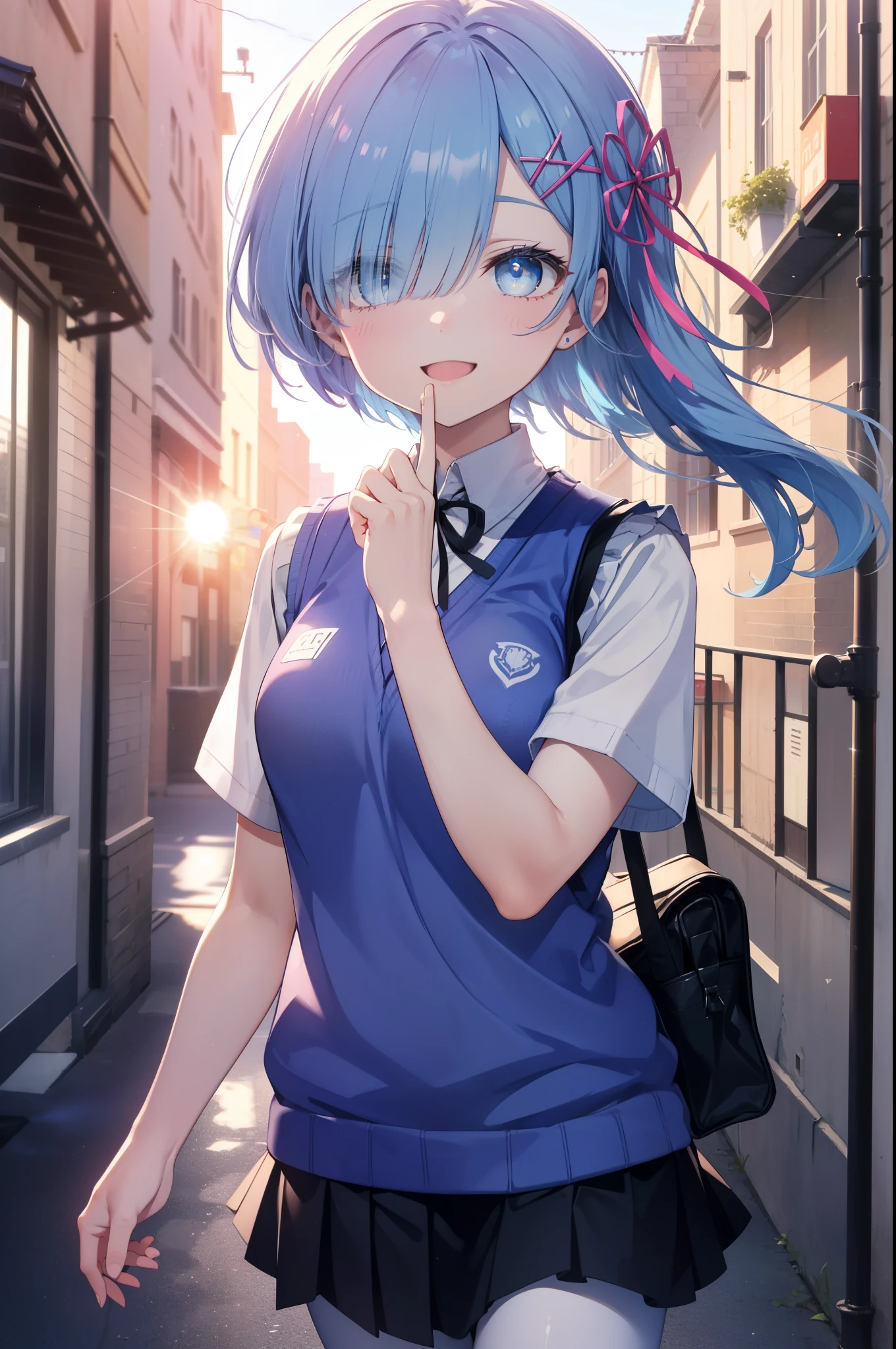 rezeroRem, Rem, blue eyes, Blue Hair, hair ornaments, Hair above one eye, Hair Ribbon, Long Hair, x hair ornaments,Side Ponytail,happy smile, smile, Open your mouth,,White Y-shirt,Short sleeve,Sweater vest, (blue Sweater vest:1.5),
,Black pleated skirt,White pantyhose,Brown Loafers,morning,morning陽,The sun is rising,Walking,
break outdoors, city,Building Street,
break looking at viewer,whole body,
break (masterpiece:1.2), highest quality, High resolution, unity 8k wallpaper, (shape:0.8), (Fine and beautiful eyes:1.6), extRemely detailed face, Perfect lighting, extRemely detailed CG, (Perfect hands, Perfect Anatomy),
