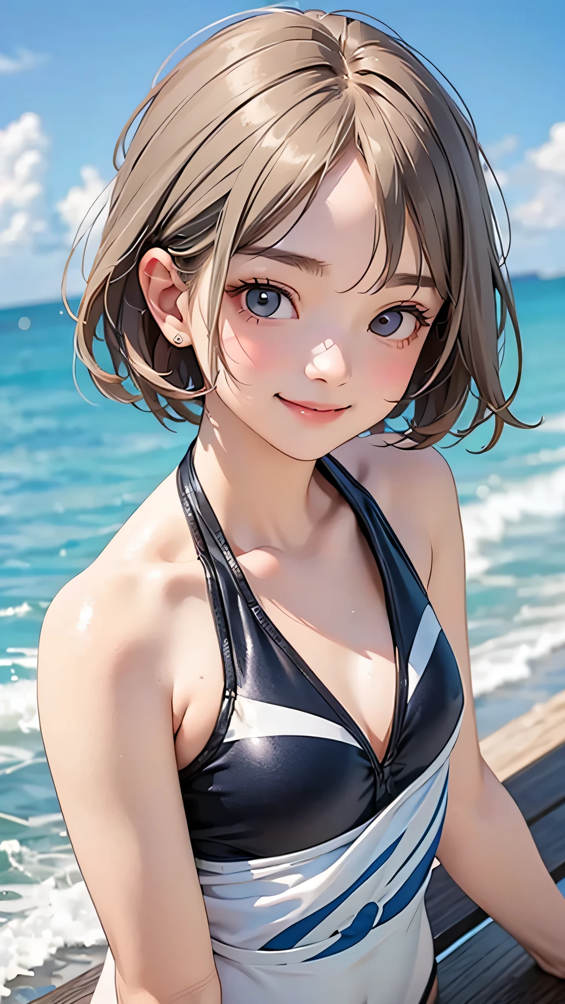 highest quality、Realistic、girl、Japanese、zoom、cute、Gray Eyes、Chestnut Hair、short hair、One piece swimsuit、Ocean、smile、