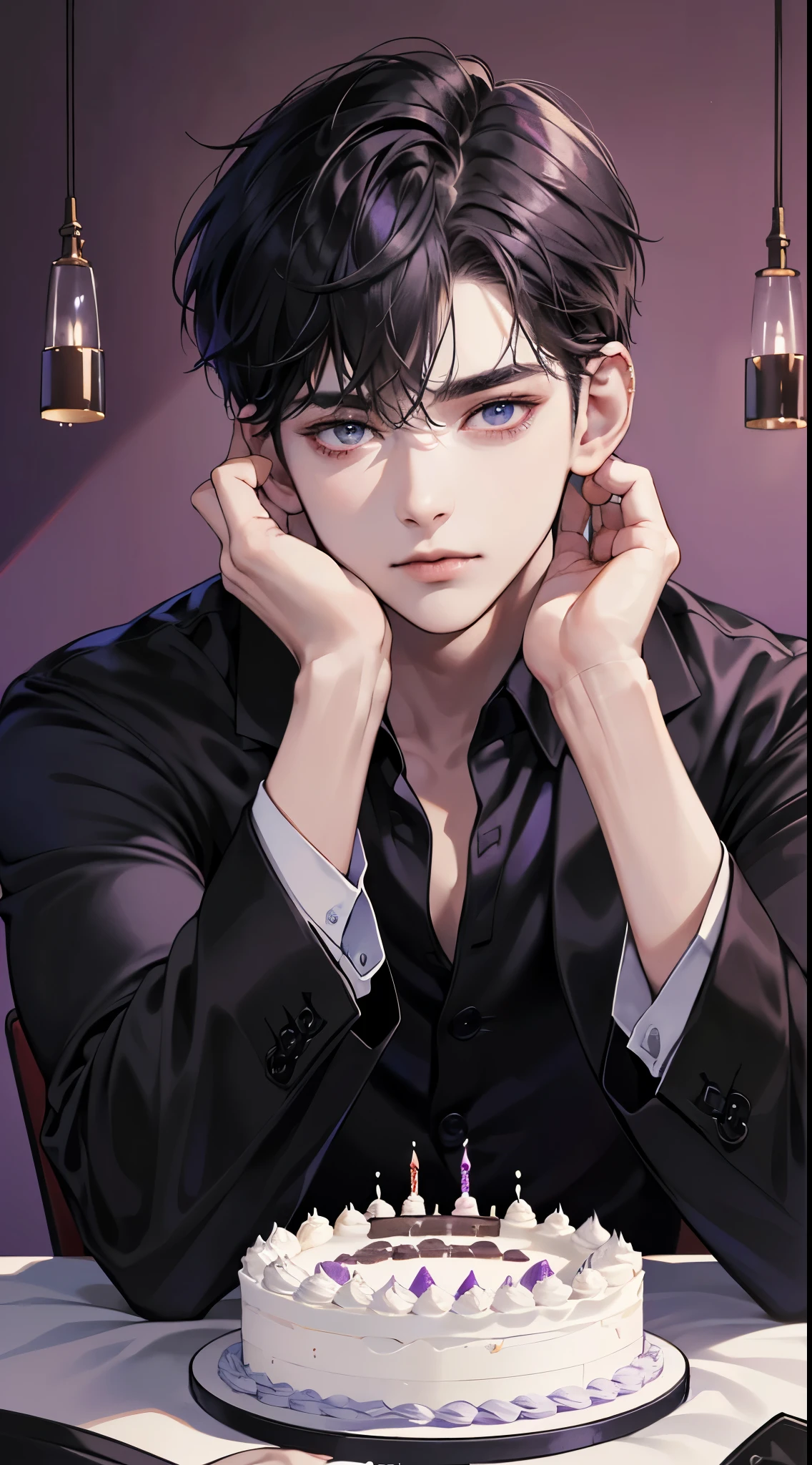 (Best Quality、8K,absurderes,highest grade,Portrait,Short hair, Very short hair,Piercing、beautiful male、Dark Fantasy、birthday cake and black dinner table、Birthday background based on black、He is sitting wearing a suit with a purple shirt and a black jacket、perfect hand