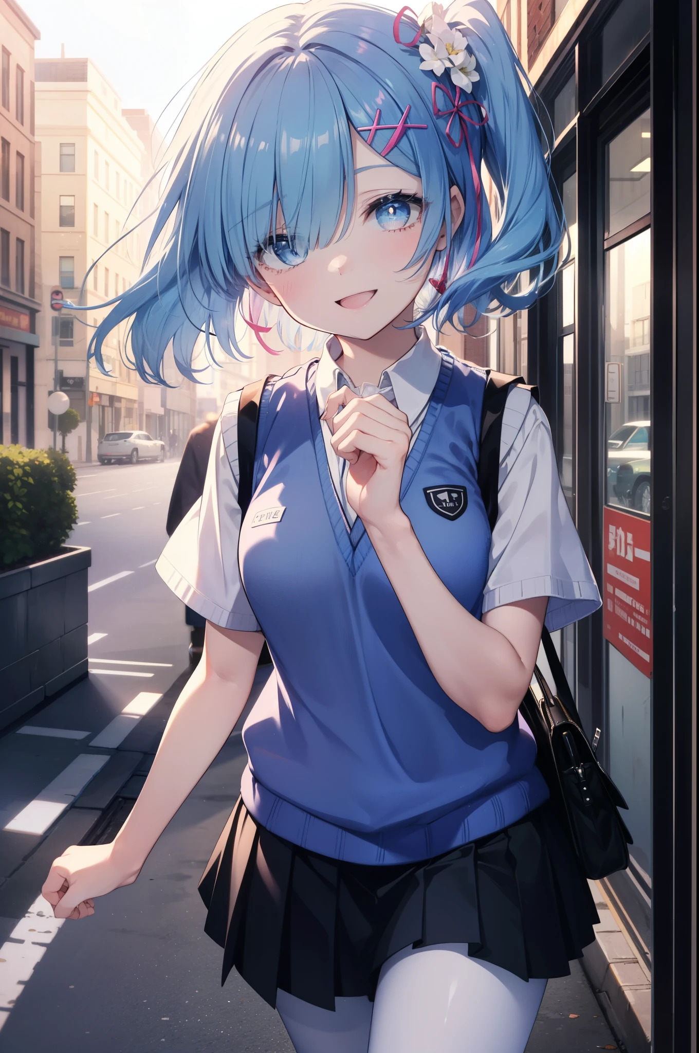 rezeroRem, Rem, blue eyes, Blue Hair, hair ornaments, Hair above one eye, Hair Ribbon, Long Hair, x hair ornaments,Side Ponytail,happy smile, smile, Open your mouth,,White Y-shirt,Short sleeve,Sweater vest, (blue Sweater vest:1.5),
,Black pleated skirt,White pantyhose,Brown Loafers,morning,morning陽,The sun is rising,Walking,
break outdoors, city,Building Street,
break looking at viewer,whole body,
break (masterpiece:1.2), highest quality, High resolution, unity 8k wallpaper, (shape:0.8), (Fine and beautiful eyes:1.6), extRemely detailed face, Perfect lighting, extRemely detailed CG, (Perfect hands, Perfect Anatomy),