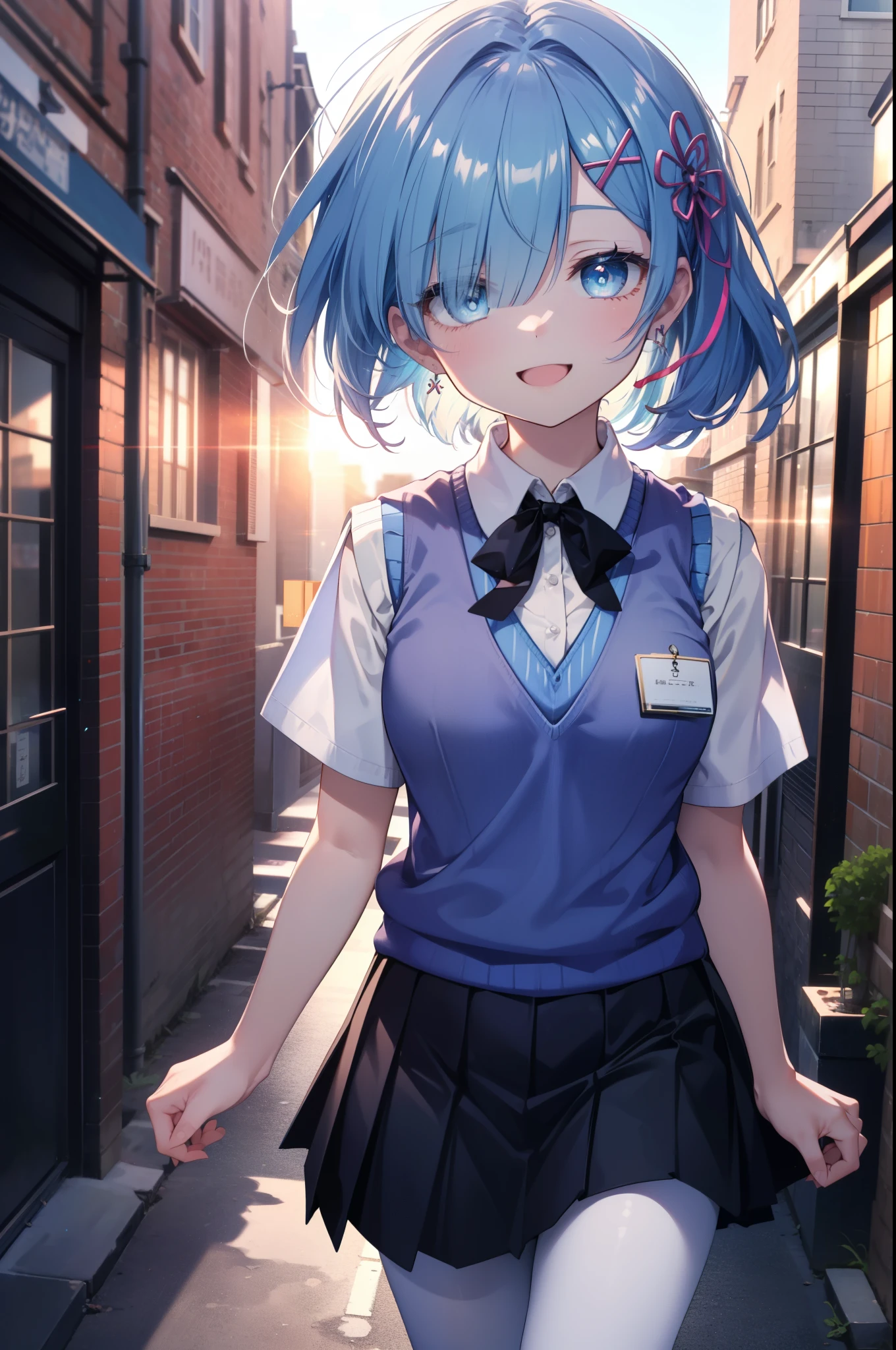 rezeroRem, Rem, blue eyes, Blue Hair, hair ornaments, Hair above one eye, Hair Ribbon, Long Hair, x hair ornaments,Side Ponytail,happy smile, smile, Open your mouth,,White Y-shirt,Short sleeve,Sweater vest, (blue Sweater vest:1.5),
,Black pleated skirt,White pantyhose,Brown Loafers,morning,morning陽,The sun is rising,Walking,
break outdoors, city,Building Street,
break looking at viewer,whole body,
break (masterpiece:1.2), highest quality, High resolution, unity 8k wallpaper, (shape:0.8), (Fine and beautiful eyes:1.6), extRemely detailed face, Perfect lighting, extRemely detailed CG, (Perfect hands, Perfect ???????),