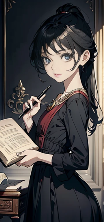 beautiful finger, Book and pen in hand, elegant clothes, Elegant dress, Writer, black hair