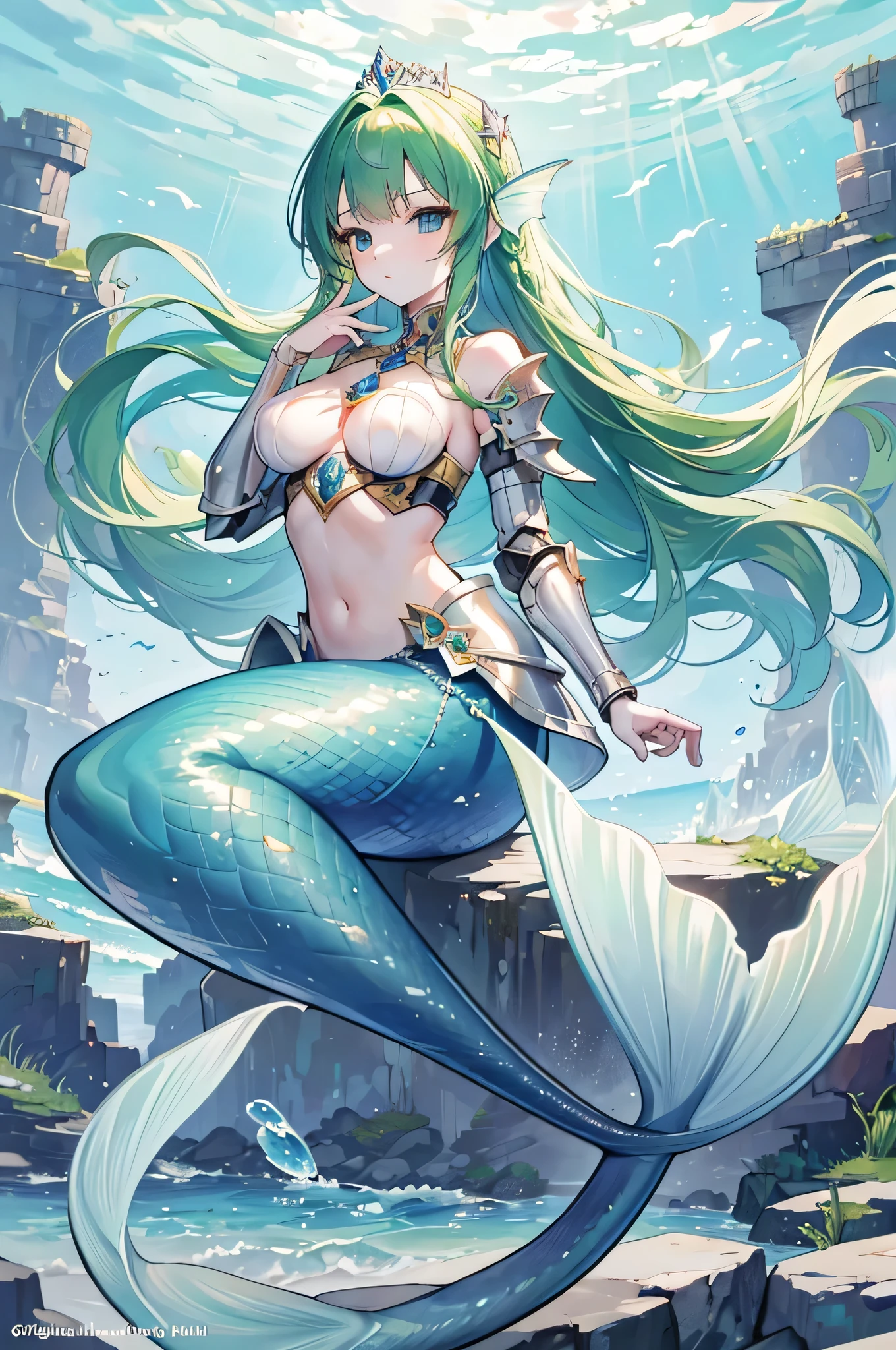 4k,High resolution,One Woman,mermaid,Green Hair,long hair,Braid,Blue Eyes,Big Breasts,The Little Mermaid,Princess Knight,knight armor,Full Armor,Princess Tiara,Jewelry decoration,Pearl decoration,gun,In the water,Undersea Temple