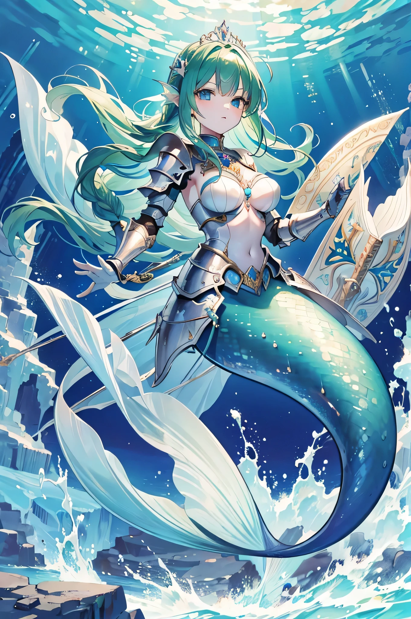 4k,High resolution,One Woman,mermaid,Green Hair,long hair,Braid,Blue Eyes,Big Breasts,The Little Mermaid,Princess Knight,knight armor,Full Armor,Princess Tiara,Jewelry decoration,Pearl decoration,gun,In the water,Undersea Temple