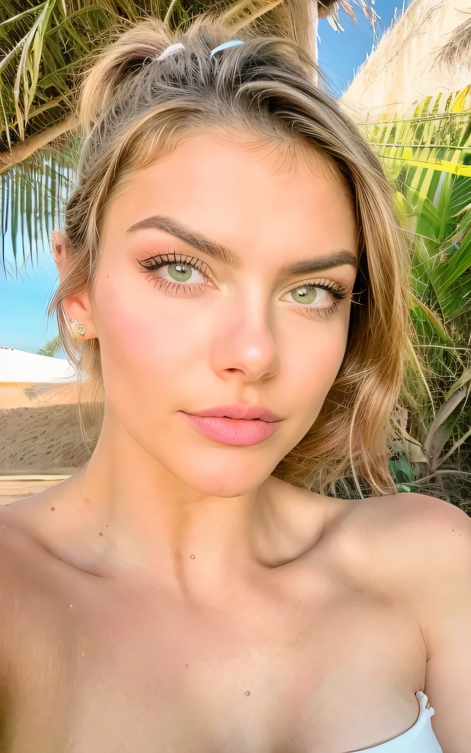 (retrato), de cerca, Looking directly at the camera, Cara completa, fotorrealista, mejor calidad, hiper detallado, mujer hermosa, hayleyy,parte superior del cuerpo, solo, (tarde), naturaleza de la vida real, (alegre, feliz), camisa,(palmeras) madera, Cielo limpio, analog style, Textura de la piel, film grain, ultra high resolution, mejor sombra, crudo, LUT de Instagram, ((ojos y rostro extremadamente detallados)), ((hermosa nariz detallada)), ((hermosos ojos detallados)), Perfect body proportion, mostrando el cuerpo en la playa