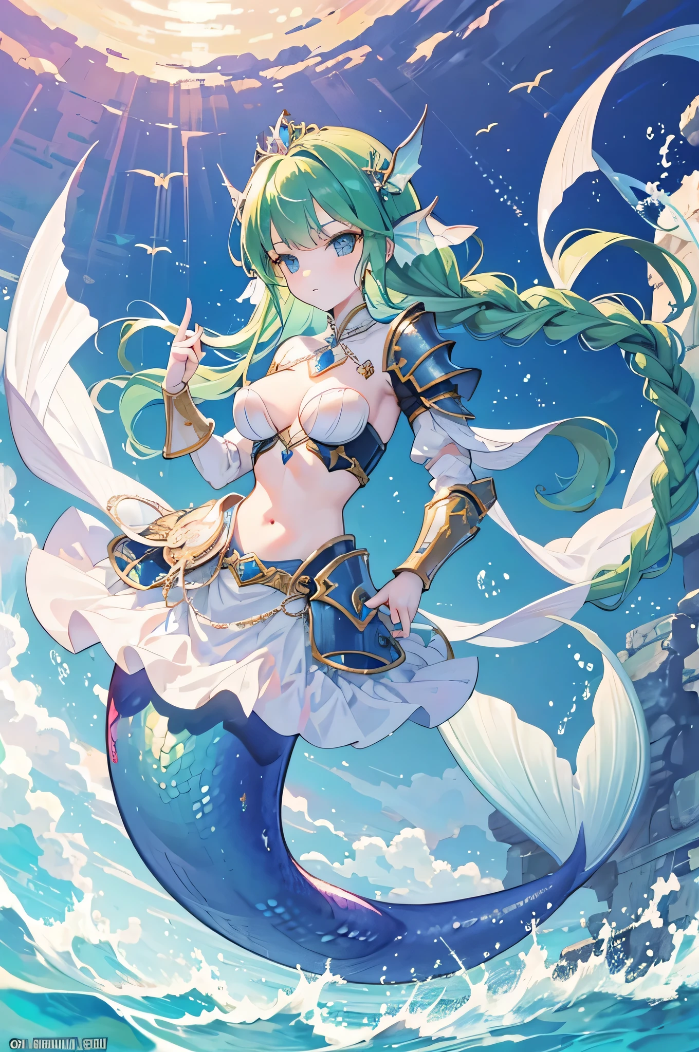 4k,High resolution,One Woman,mermaid,Green Hair,long hair,Braid,Blue Eyes,Big Breasts,The Little Mermaid,Princess Knight,knight armor,Full Armor,Princess Tiara,Jewelry decoration,Pearl decoration,gun,In the water,Undersea Temple