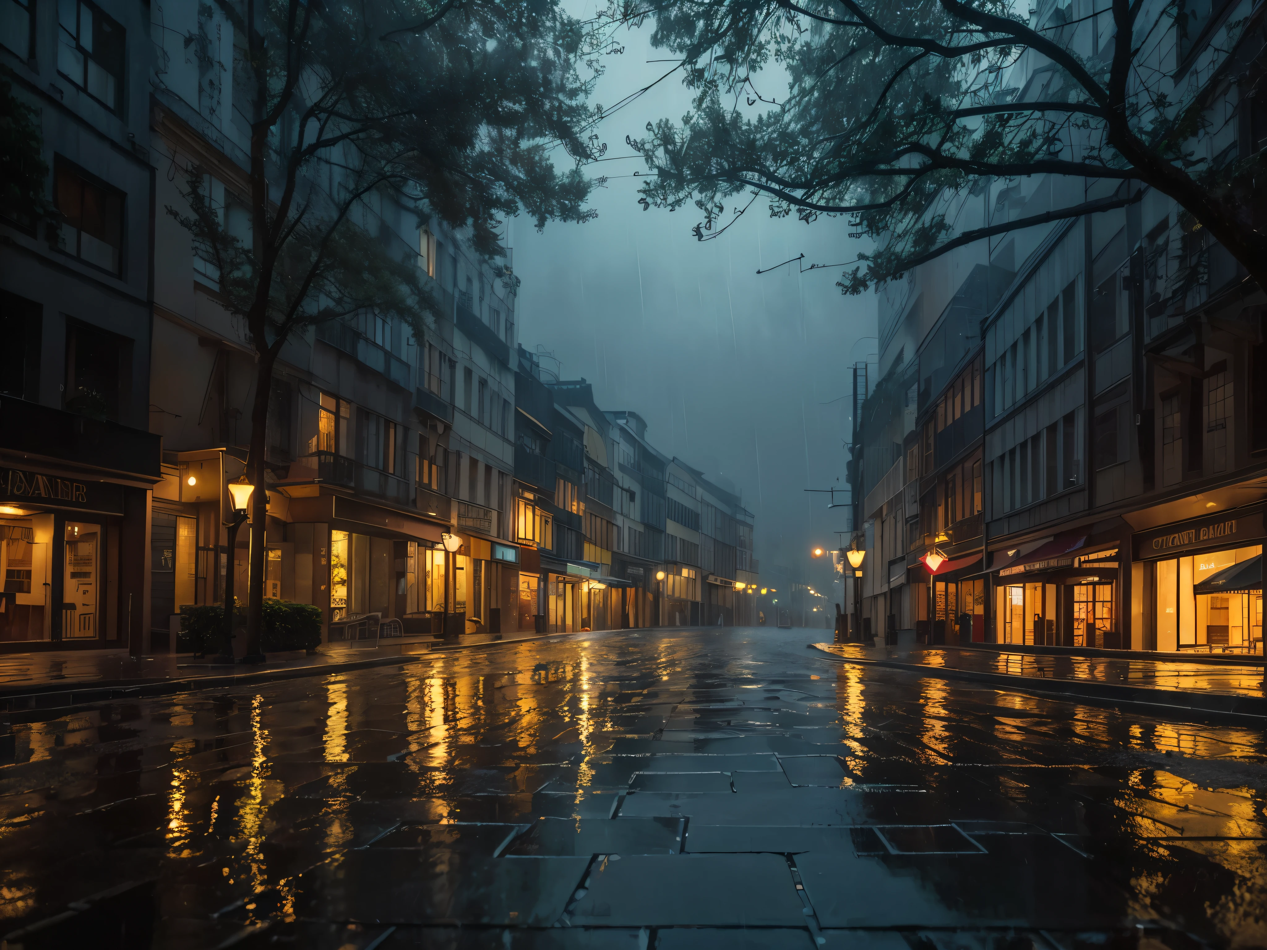 (Rainy night, masterpiece, best quality, Super Detail),Dark atmosphere,city View,illuminated by dim street lights,Flash reflections on wet roads,Wet cobblestone streets,Sparkling raindrops,Foggy,Neon lights flashing in the distance,Softly lit windows,Soaked buildings,Complex architectural details,Impressive depth and perspective,Rich colors capture the atmosphere of the night,Carefully capture the rain-soaked texture,A fascinating interplay of light and shadow,Show the beauty and tranquility of a rainy night in the city,an awe-inspiring masterpiece that transports you to a captivating world of tranquility and mystery.
