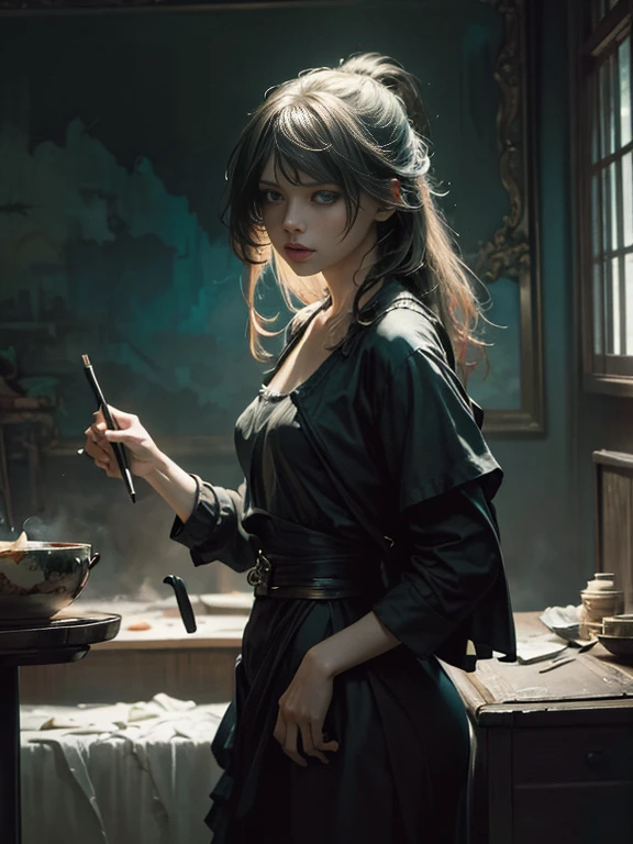 painting of woman, with influence of Jeremy Mann, Jeremy Mann, style of Jeremy Mann, Jeremy Mann painting, Jeremy Mann art, Ron Hicks, Liepke, Jeremy Mann and alphonse mucha, Works that influenced Edmund Blampid, robert lenkiewicz, Casey Baugh and James Jean, Works that influenced Willem Kalf, Nick Alm, tumbler, figurative art, Intense watercolor painting, watercolor detailed art,Beautiful and expressive painting, Beautiful artwork illustration, very colorful tones, Fantastic, cool beauty, highest quality,official art, women only, sharp outline, melancholy, nostalgia, Eyes without pupils, color eye, ideal anima, In search of lost time