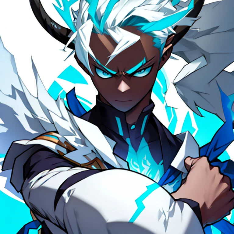 Create a hybrid angel-minotaur boy with black skin color, usando magias de gelo e relampago, com um olho azul e o outro vermelho, com cabelos crespos de cor branco, usando duas adagas como arma, com chifres e um par de asas brancas nas costas,