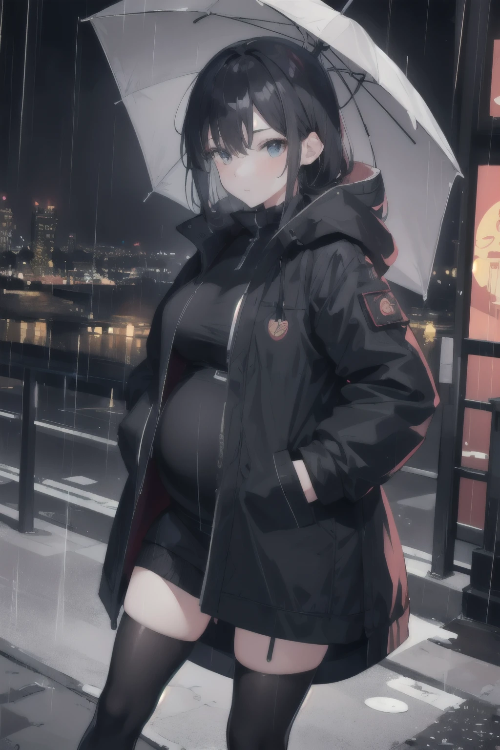 1 Girl,of the night city,rain,coat,Hands in pockets,black stockings, pregnancy