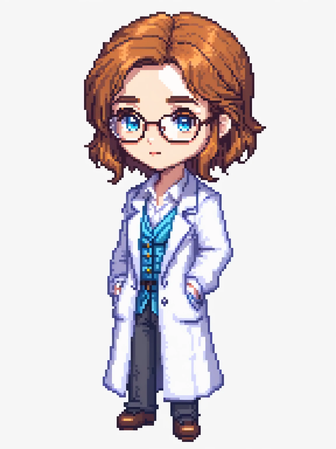 pixel art, professor, character de jogo adulto, color white, roupa white, simple white background, game icon, 64 bit style