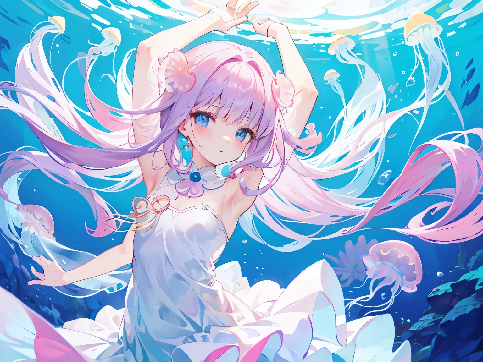 ((like vtuber)) ((high quality)) ((HD)) cute jellyfish girl with long and blue hair use short dress and there are big jellyfish around with her under water