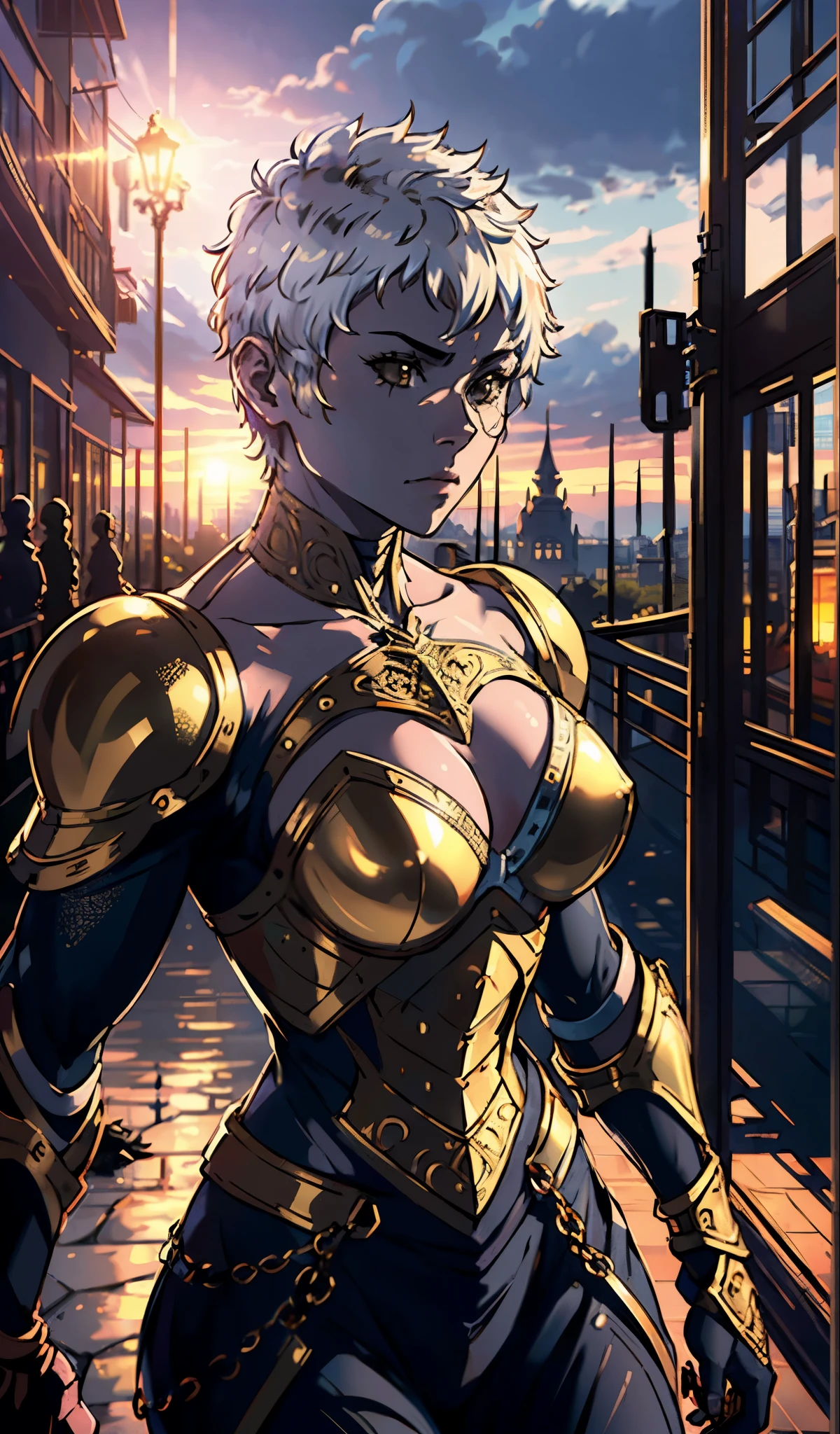 (masterpiece), (extremely intricate:1.3), (realistic), portrait of a muscular bodybuilder girl, ((medieval armor)), metal reflections, upper body, outdoors, intense sunlight, far away castle, professional photograph of a stunning woman detailed, (short undercut dark shaved hair, dynamic pose), sharp focus, dramatic, award winning, cinematic lighting, volumetrics dtx, (film grain, blurry background, blurry foreground, bokeh, depth of field, sunset, interaction, golden chrome Perfectchainmail), 8K