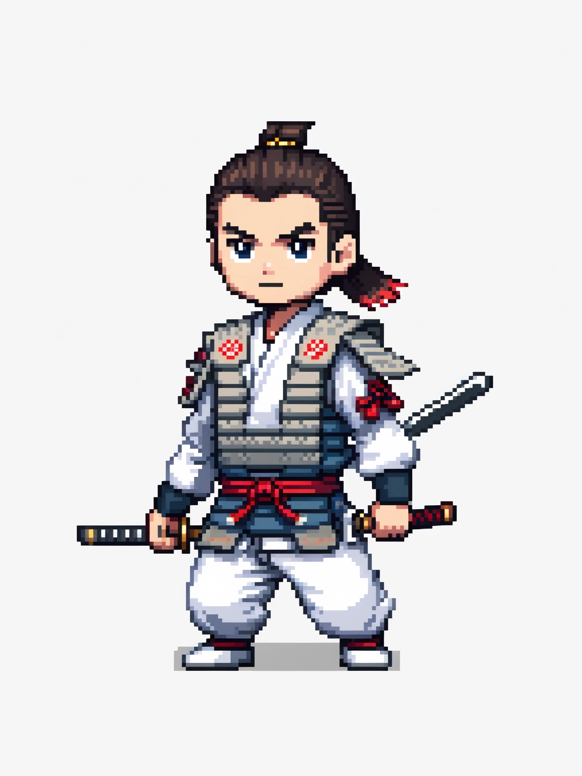 pixel art, samurai, character de jogo adulto, color white, roupa white, simple white background, game icon, 64 bit style