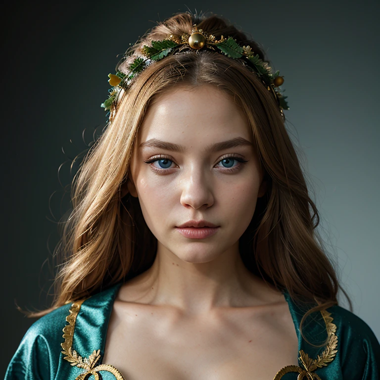 a beautiful empress portrait, blonde hair, perfect blue eyes, with a brilliant, impossible striking big Christmas headpiece, clothes Santa robes, everything Christmas, snow, symmetrical, dramatic studio lighting, rococo, baroque, greens, asian, hyperrealism, closeup, D&D, fantasy, intricate, elegant, highly detailed, digital painting, artstation, octane render, 8k, concept art, matte, sharp focus