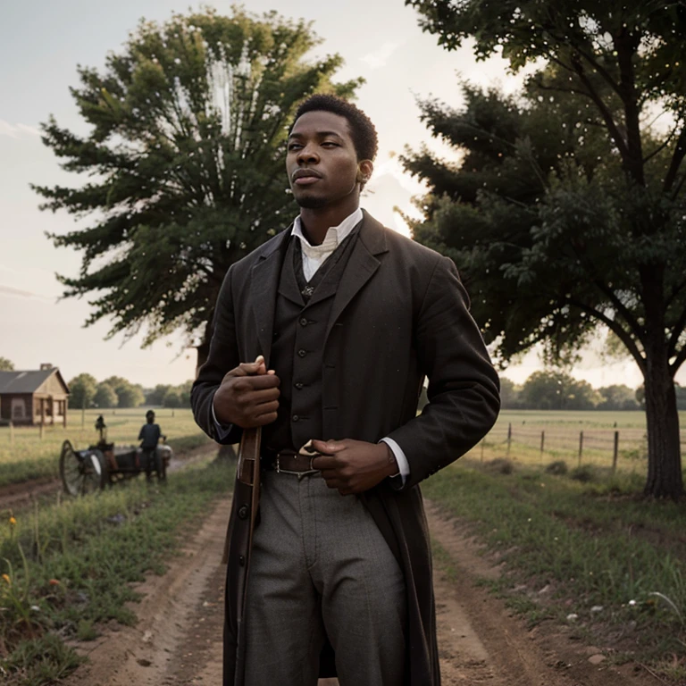 Create an image of a black young man named Henry in 1855 Virginia. He stands proudly in front of a large expanse of land, holding important documents that symbolize his hard-earned freedom. Around him are symbols of his success: tools of his trade as a carpenter and a modest but well-built house. In the background, show a few slaves working the land, emphasizing the complexity of his legacy. Henry's expression should reflect both pride and the weight of responsibility. The scene should capture the essence of 19th-century rural Virginia.