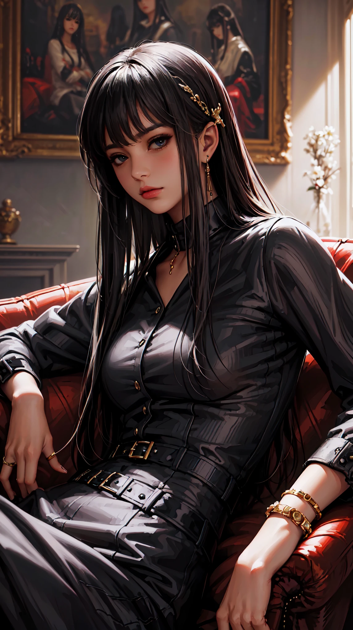 (Detailed close-up portrait!) (Masterpiece 8K.high quality.digital art.Beautiful and aesthetic anime style.Perfect compositions and great perspective.painting) One woman sitting on a large sofa.room in bodoir style