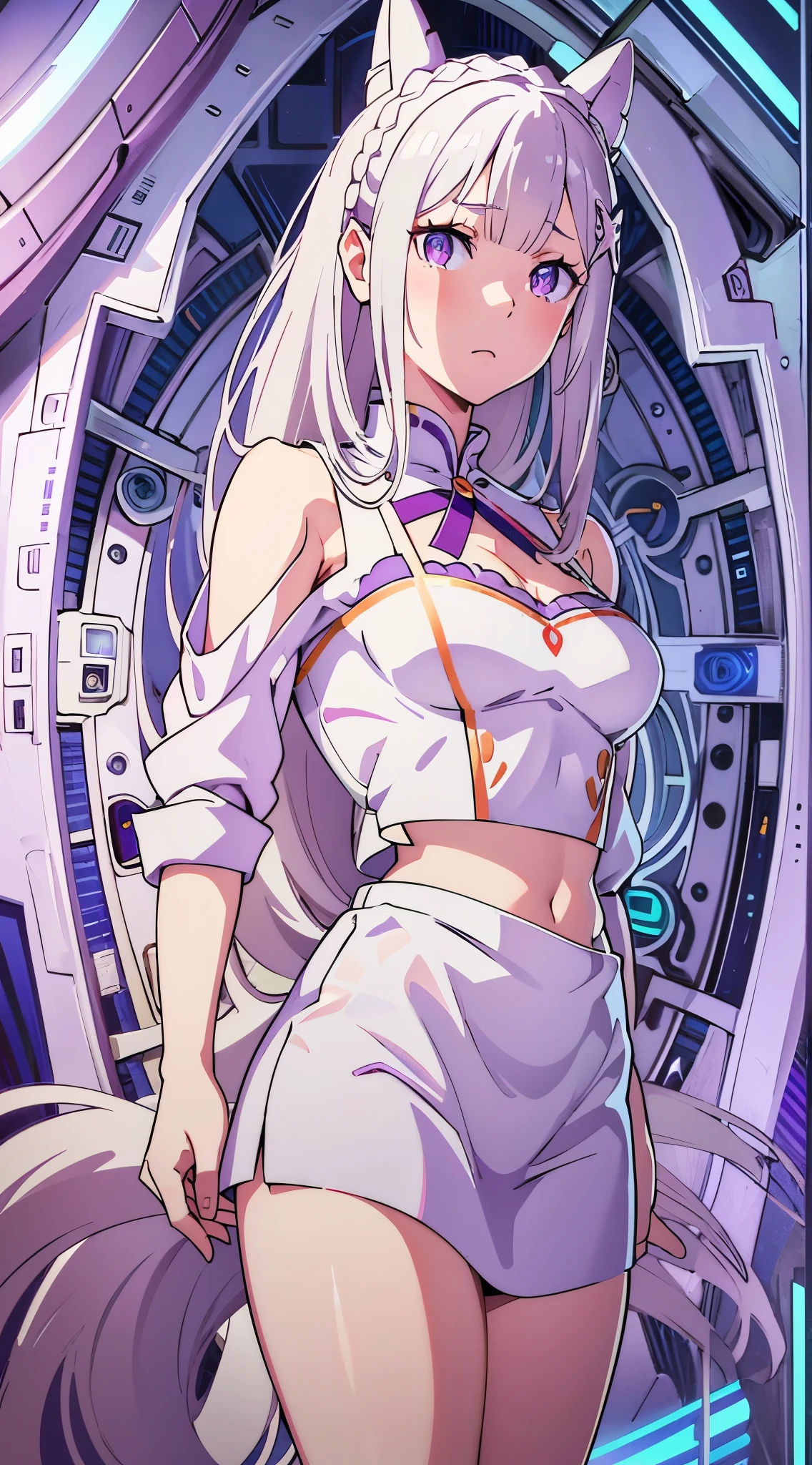Emilia re:zero, purple eyes, Emilia, crown braid, x hair ornament, flower hair ornament, white hair, long hair, medium breasts, ((Masterpiece)), best quality, absurderes, ultra detailed, holographic, cowboy shot, dynamic pose, golden ratio, super cute girl, mature girl, extremely beautiful, super beautiful asian girl with super beautiful violet eyes, super beautiful white hair, shiny skin, high ponytail, nice and sexy body, slim and delicate body, perfect body, wearing a super tight printed white crop top, kawaii panties, fox headset, being photographed in a kawaii alien spaceship