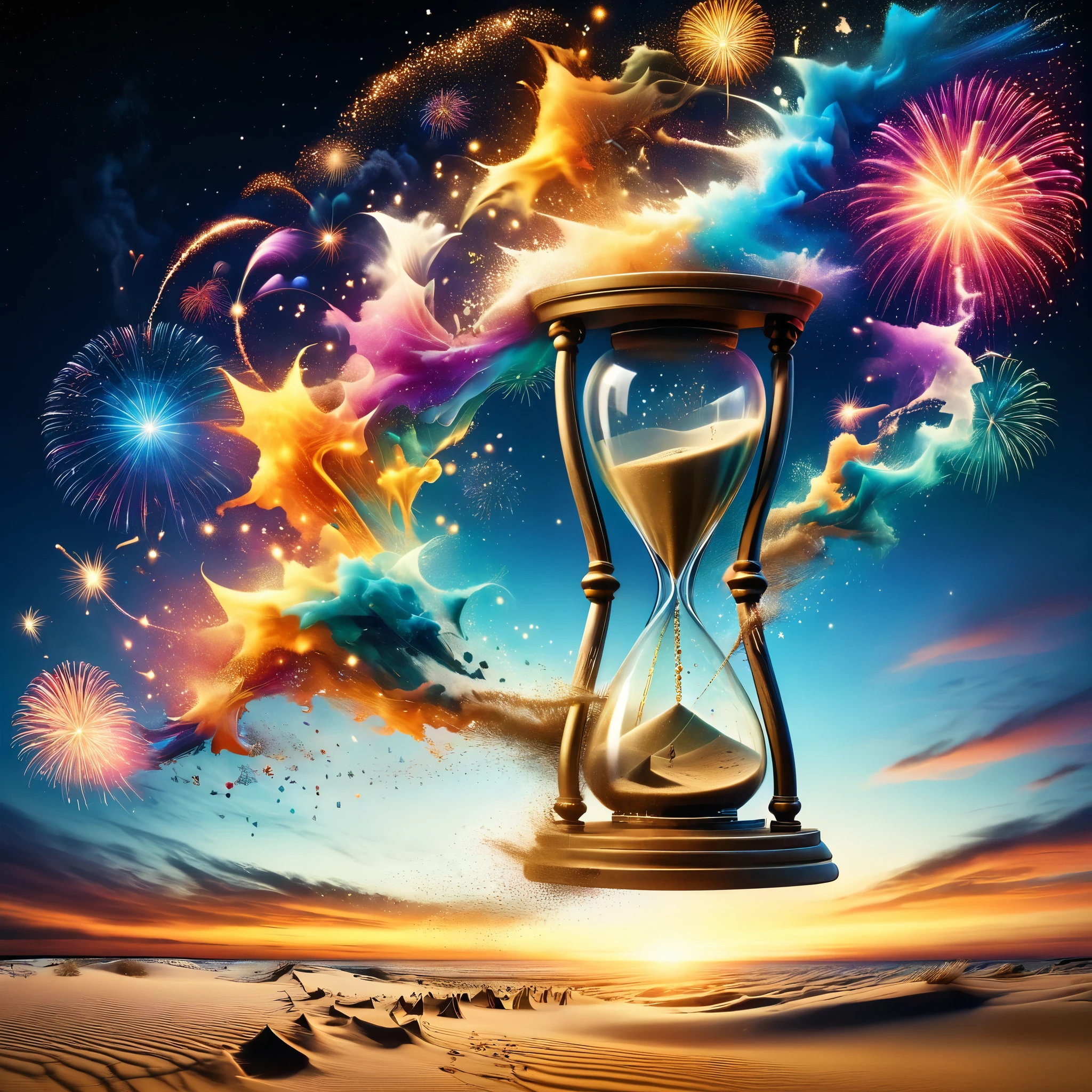Picture a colossal hourglass in the sky, its sands replaced by 3D fireworks that cascade down, diverging into multiple streams of vibrant colors and shapes, each representing a different path through the fabric of time and space.