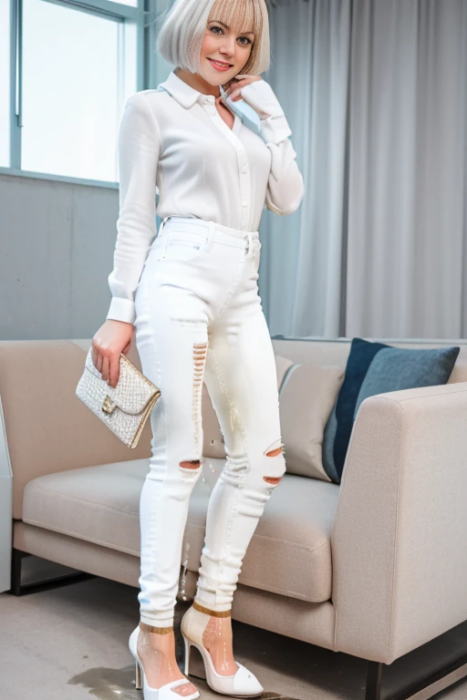 ((((white skinny jeans:1.2)))), (Best Quality,high resolution,bokeh:1.2),woman,Pronounced wrinkles,platinum blonde hair,((very short frizzy Blunt Textured bob haircut)),Detailed eyes and face,white blouse,(standing:1.0),(big smile), Posing, standing in an office,(black high heel pumps)), ((show heels)), jeans are wrinkled from wetness, peeing, wetting self, shins of jeans soaked with pee