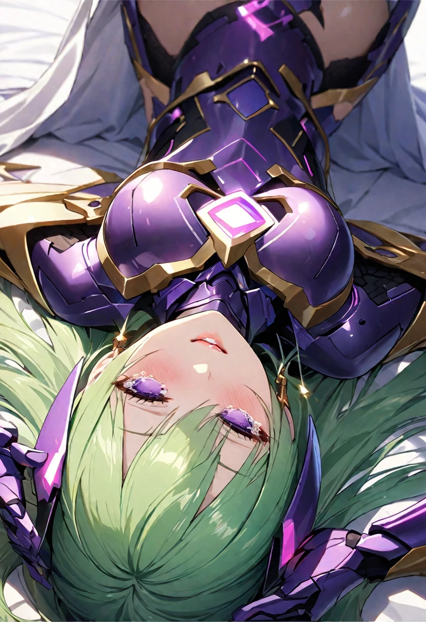 masterpiece、highest quality、Ultra-high resolution、Maximum resolution、Very detailed、Professional Lighting、anime、Adult female、thin、so beautiful、Crying face、White and purple enamel high leg leotard、Purple pattern、((Cyber Armor))、Shiny Armor、White decoration、Cyber Headgear、Skin is visible from the shoulders、Gold earrings、Green Hair、Long Hair、Purple Ideam Chest、Pink Lips、White Cape、On the back grows large feathers、Frightened appearance、Lying down、Lying face up、I'm scared and panicked
