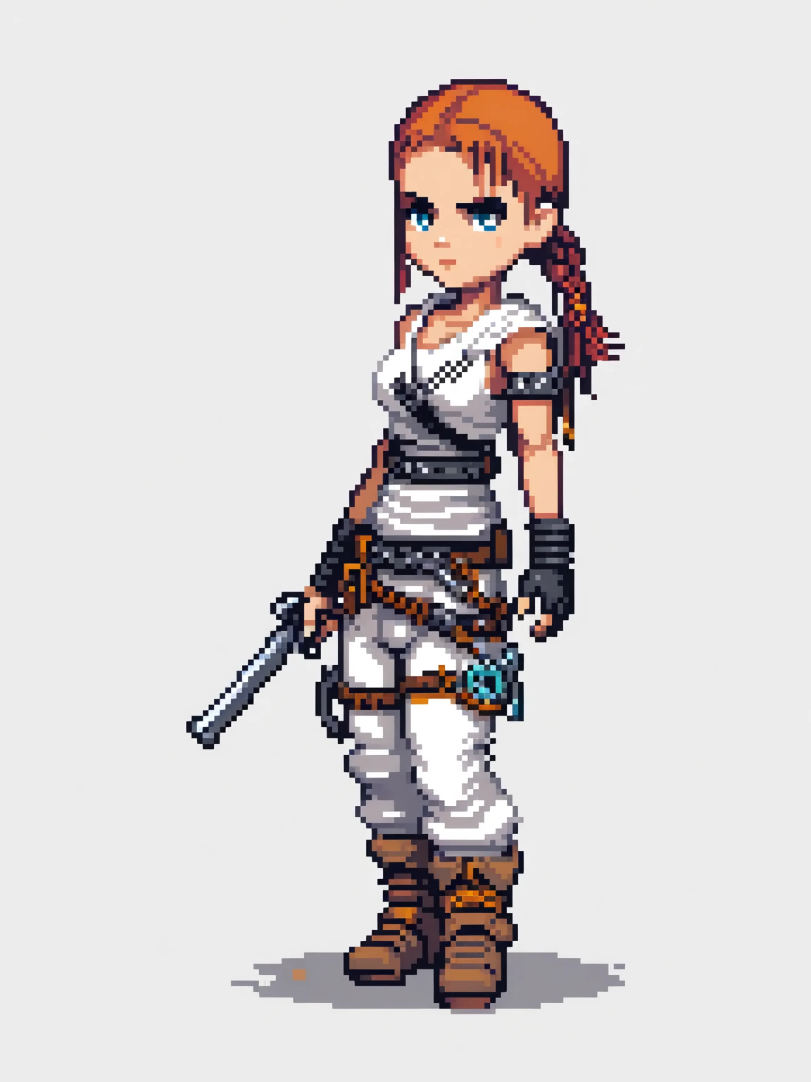 pixel art, madmax, character de jogo adulto, color white, roupa white, simple white background, game icon, 64 bit style