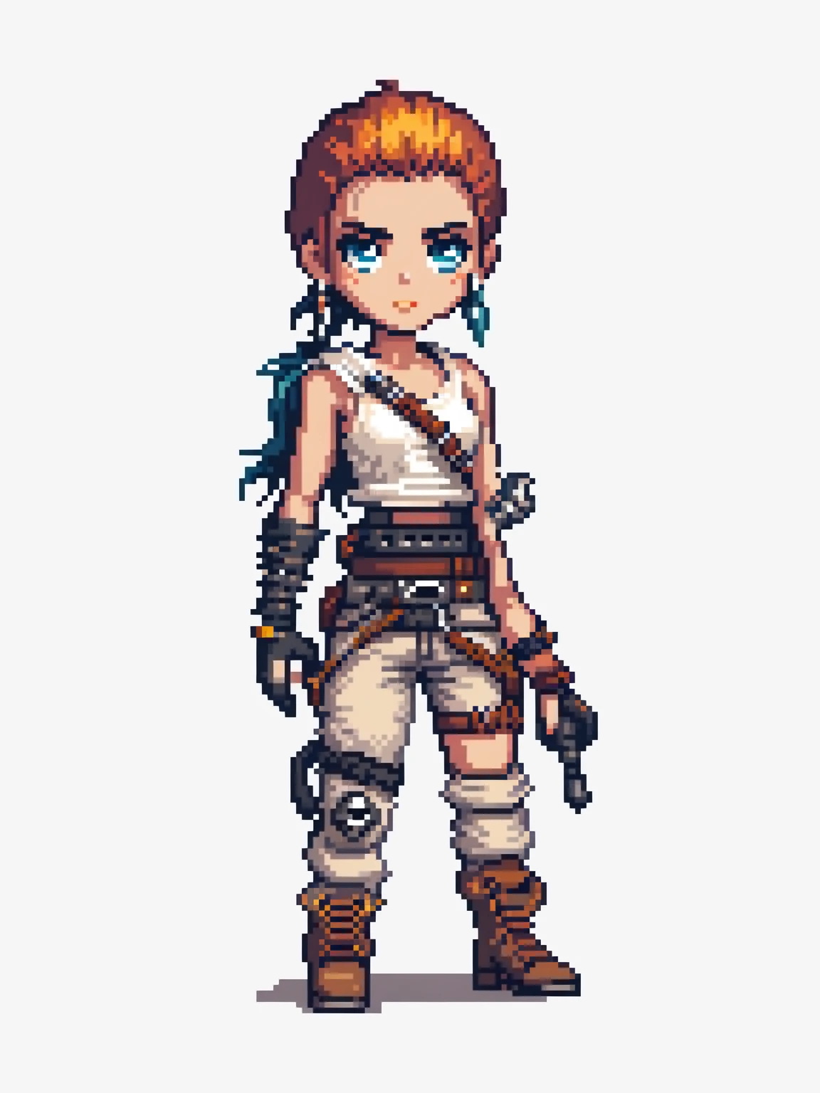 pixel art, madmax, character de jogo adulto, color white, roupa white, simple white background, game icon, 64 bit style