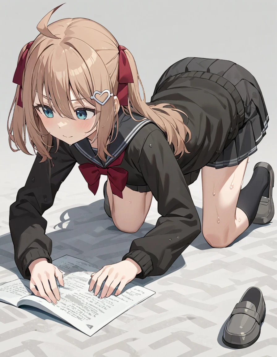 1girl, evil neuro-sama, (yuzu modoki), light brown hair, ahoge, two side up, hair ribbon, dark red ribbon, heart hair ornament, black cardigan, open cardigan, black sailor collar, long sleeves, black skirt, pleated skirt, asymmetrical legwear, black thighhighs, black kneehighs, grey footwear, loafers, (masterpiece, best quality), highly detailed, finely detailed, wet, dogeza, prostration, all fours,