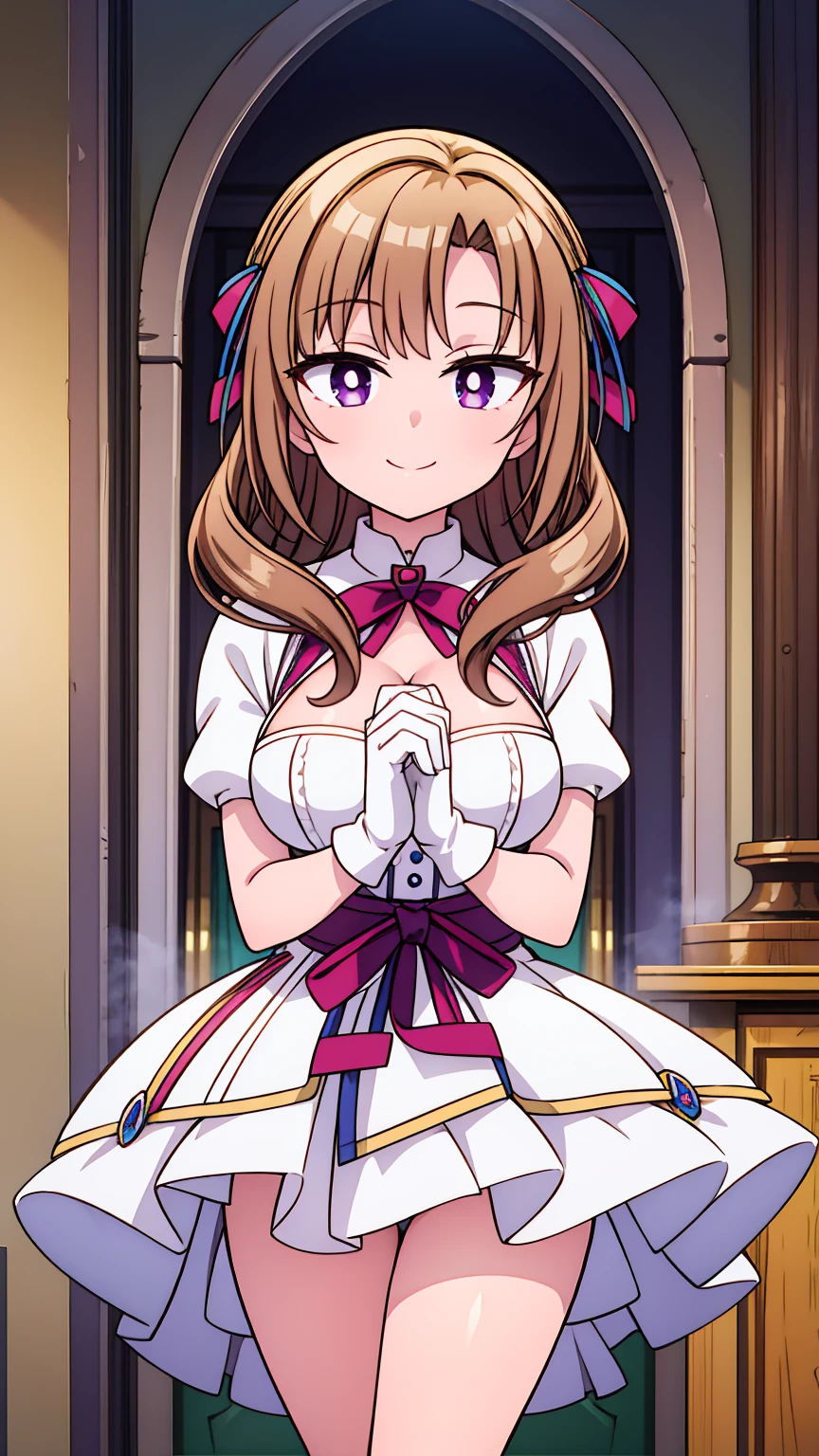 High quality, masterpiece, mamako_oosuki, long hair, brown hair, purple eyes, mature female, large breasts, bright pupils, ribbon, white gloves, white dress, cleavage, showing the legs, thighs, smile, eyes detailed, show legs, perfect and detailed hands, the best detailed hands, BREAK