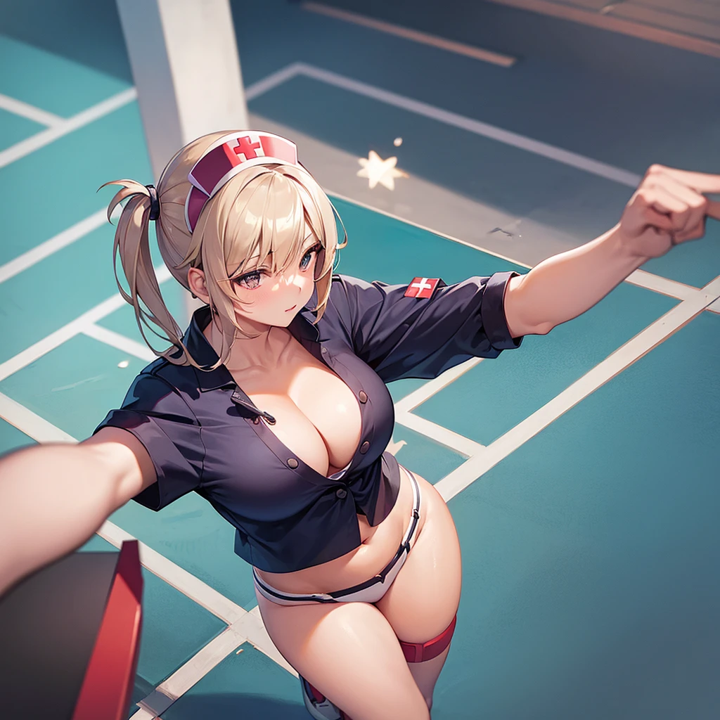 1girl, anime, female nurse, buxom, cleavage, midriff, hips