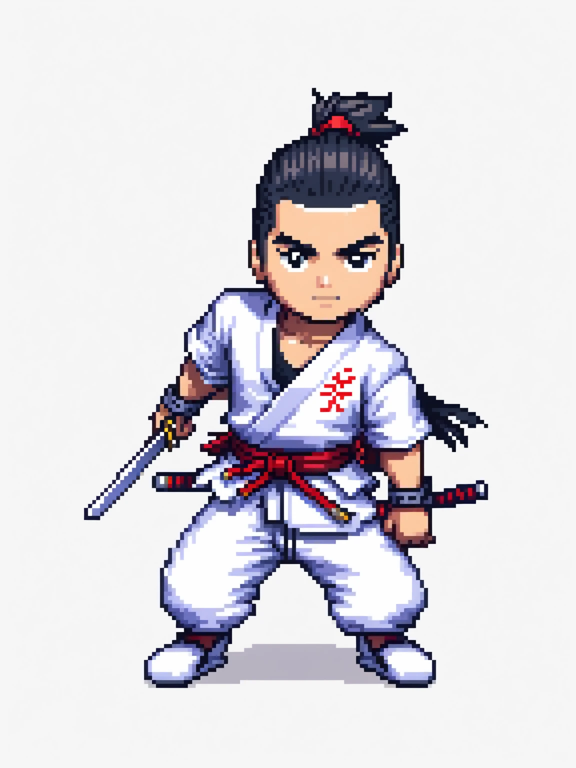 pixel art, hiphop samurai, character de jogo adulto, color white, roupa white, simple white background, game icon, 64 bit style