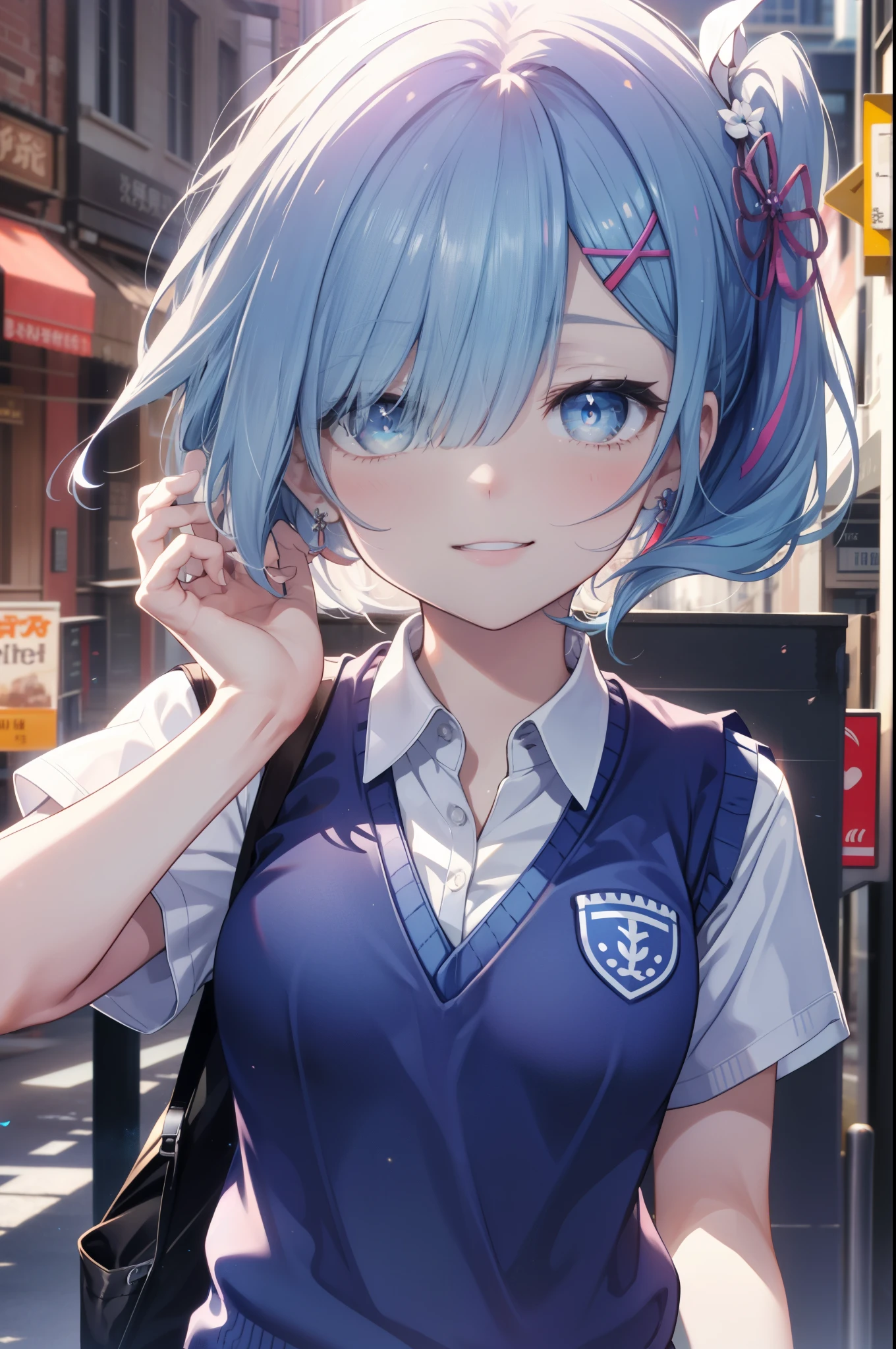 rezeroRem, Rem, blue eyes, Blue Hair, hair ornaments, Hair above one eye, Hair Ribbon, Long Hair, x hair ornaments,Side Ponytail,happy smile, smile, Open your mouth,,White Y-shirt,Short sleeve,Sweater vest, (blue Sweater vest:1.5),
,Black pleated skirt,White pantyhose,Brown Loafers,morning,morning陽,The sun is rising,Walking,
break outdoors, city,Building Street,
break looking at viewer,whole body,
break (masterpiece:1.2), highest quality, High resolution, unity 8k wallpaper, (shape:0.8), (Fine and beautiful eyes:1.6), extRemely detailed face, Perfect lighting, extRemely detailed CG, (Perfect hands, Perfect Anatomy),