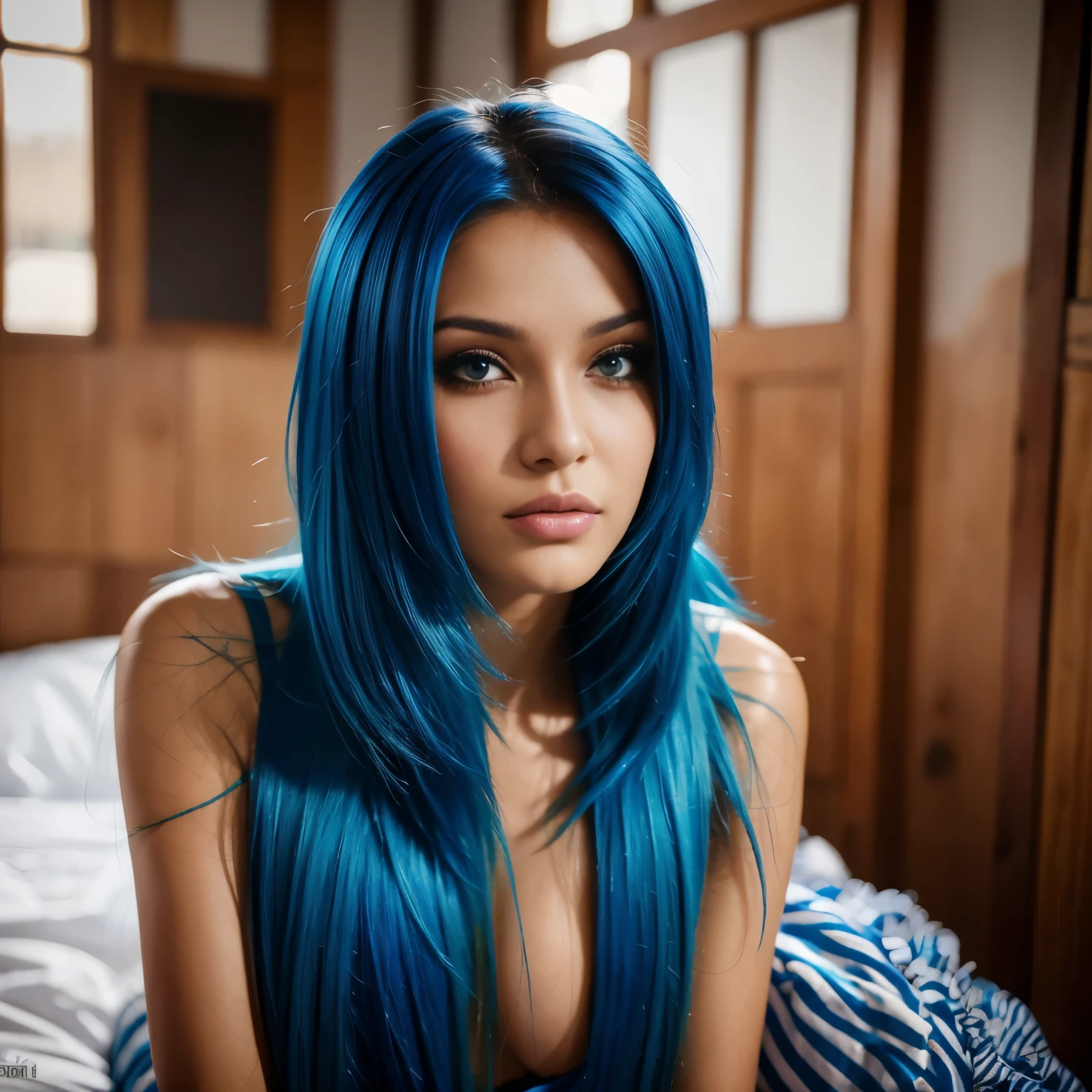 Chica hermosa, Brazilian model, 21-year-old, electric blue hair model, mirando a la camara, mujer de rostro hermoso, mujer de cabello largo,