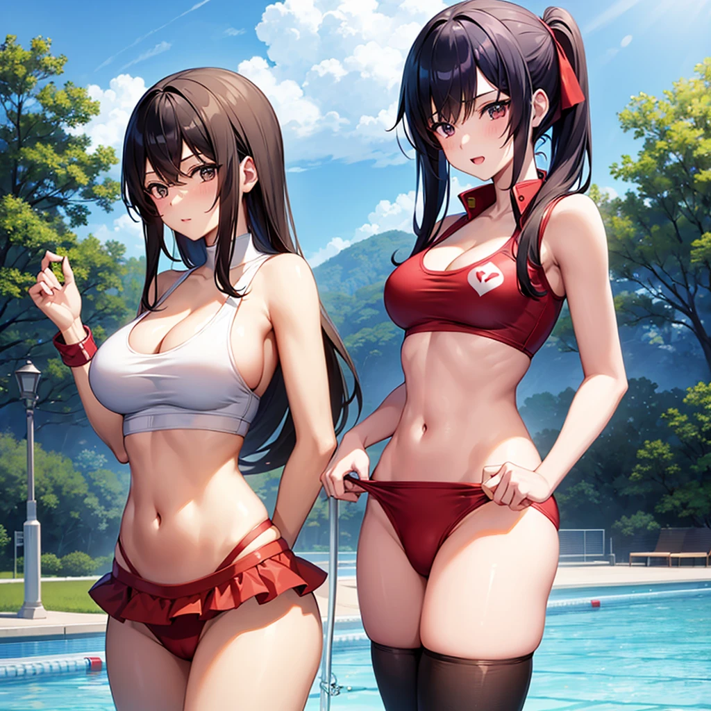 1girl, anime, female lifeguard, buxom, cleavage, midriff, hips