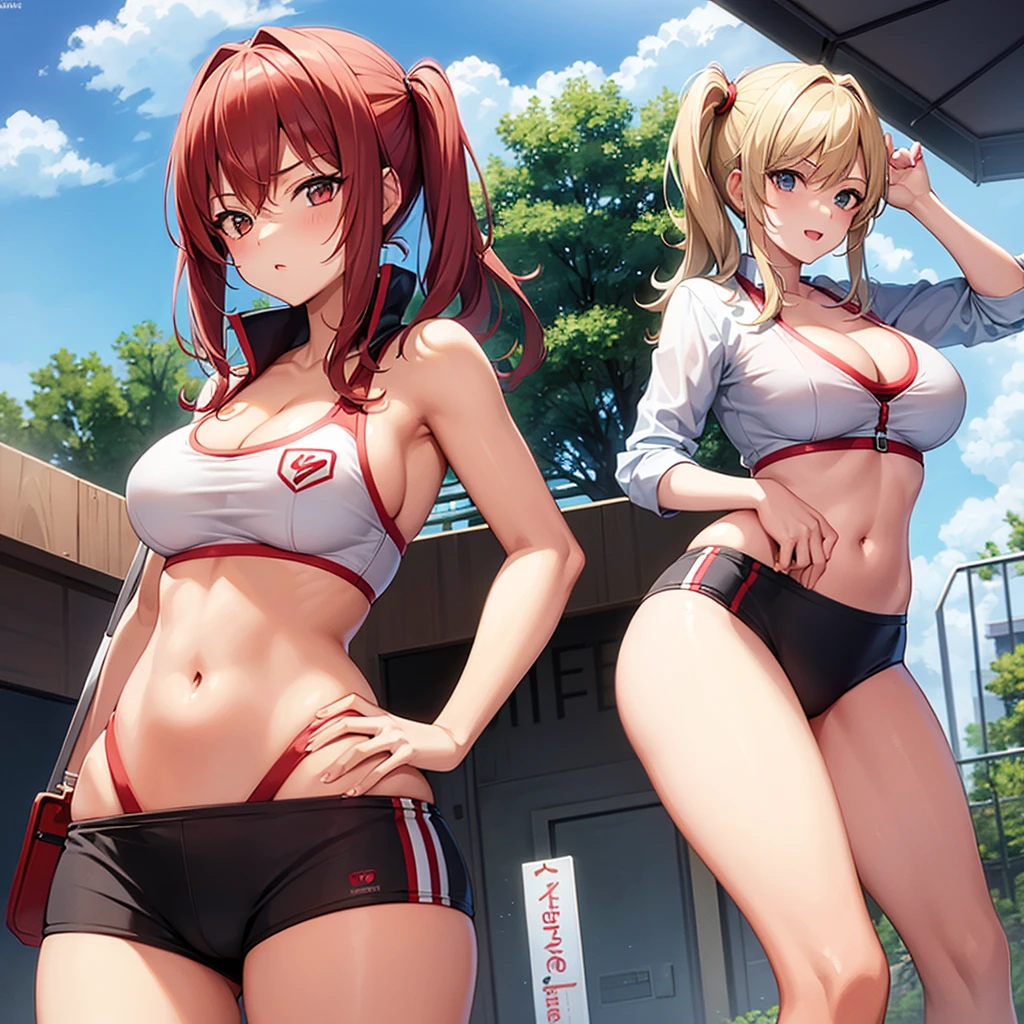 1girl, anime, female lifeguard, buxom, cleavage, midriff, hips