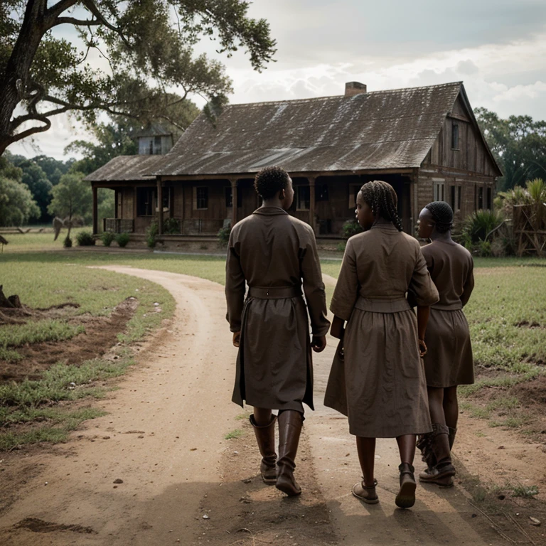 Create an image of Moses, a black slave on a 19th-century Virginia plantation, looking determined and hopeful. He is planning an escape with his family. In the background, show Henry's wife, standing near the plantation house, with an expression of refusal. The scene captures the tension and desperation of Moses’s situation, with his family close by, ready to flee. The landscape should reflect the plantation setting, with fields and rustic buildings under a somber sky, highlighting the high stakes and emotional intensity of their attempted escape.