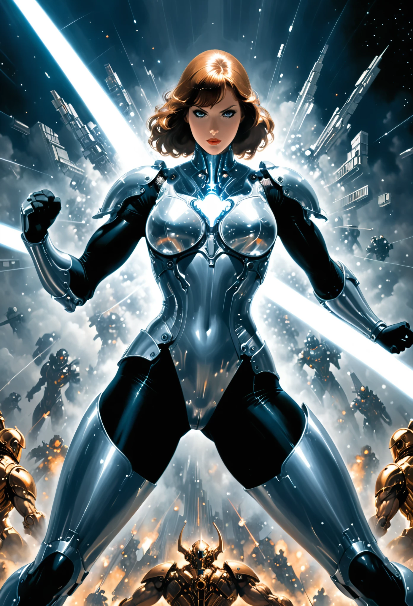 in style of Jeffrey Catherine Jones,(in style of Nick Veasey),
shiny Mandelbrot bodysuit armor,muscular,(1 girls:1.1),(fighting stance),(cinema footage pov:1.5),medium_shot,outdoors,in the sky,