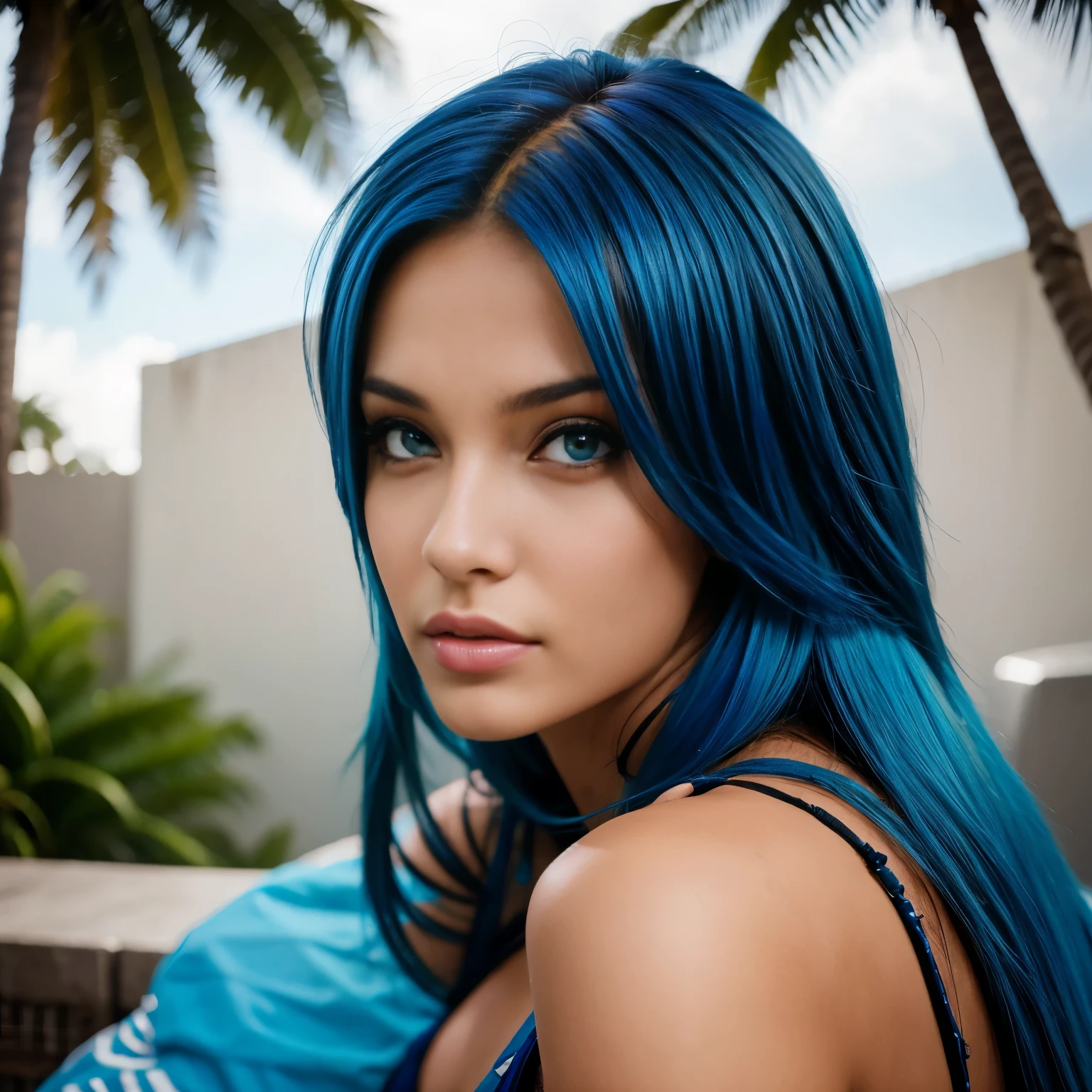 Chica hermosa, Brazilian model, 21-year-old, electric blue hair model, mirando a la camara, mujer de rostro hermoso, mujer de cabello largo, 