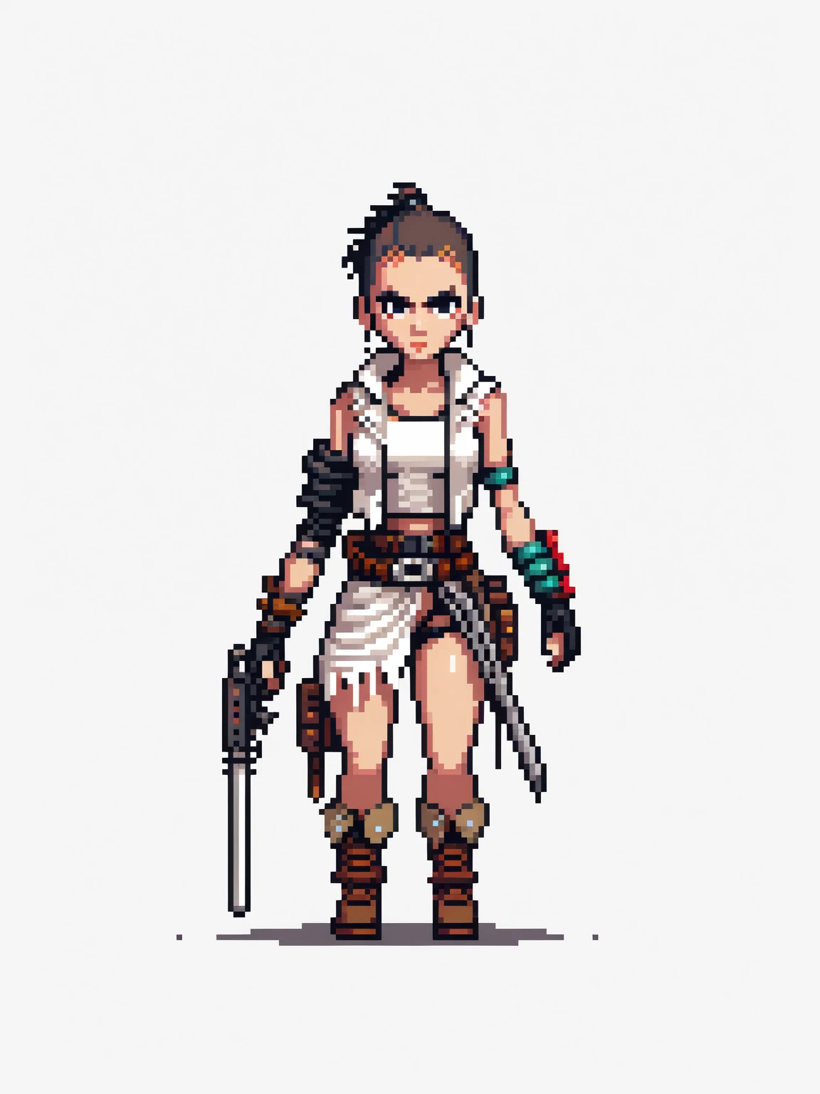 pixel art, madmax, character de jogo adulto, color white, roupa white, simple white background, game icon, 64 bit style