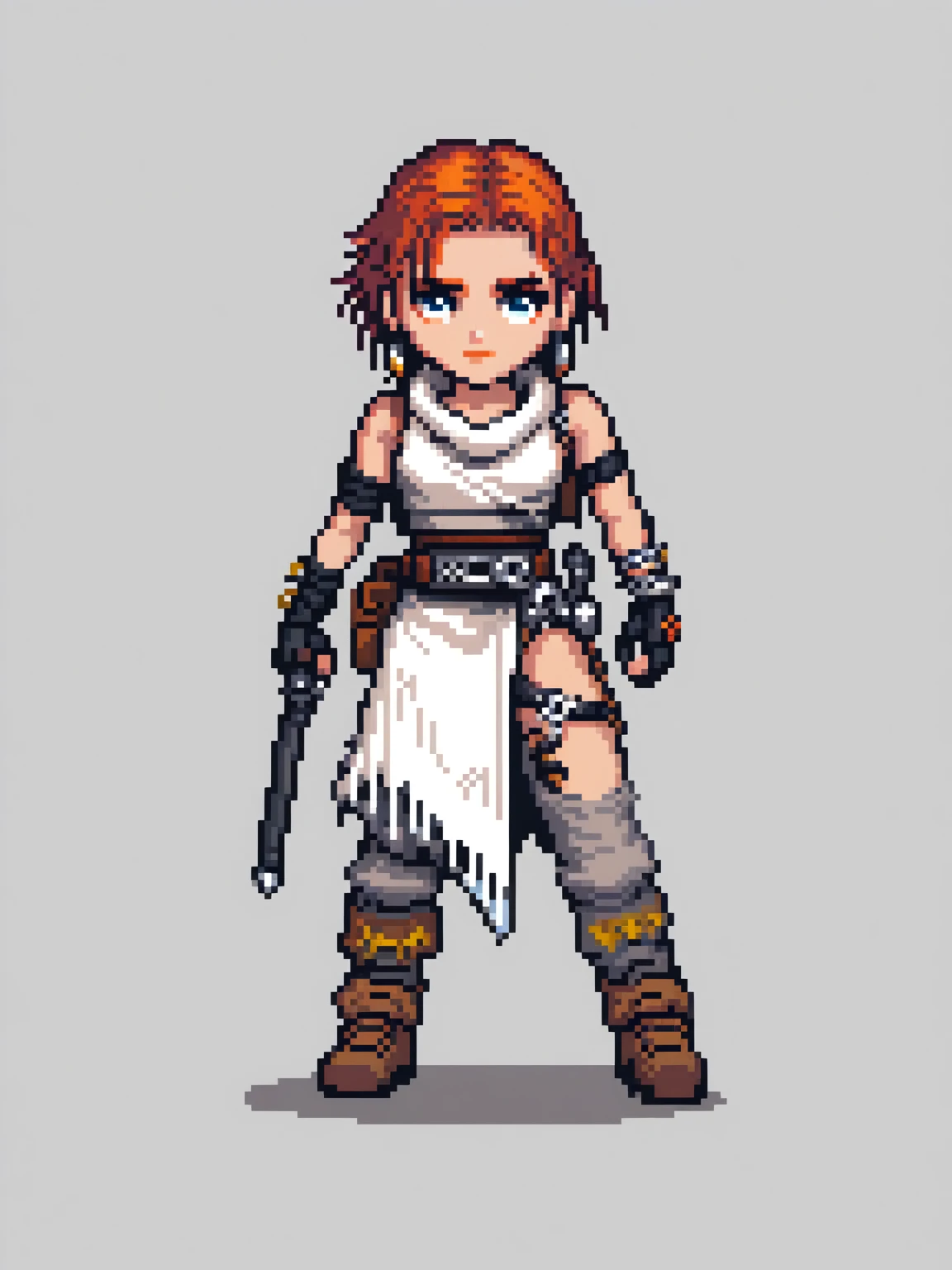 pixel art, madmax, character de jogo adulto, color white, roupa white, simple white background, game icon, 64 bit style