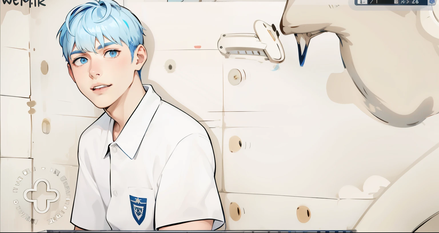 There are two 17-year-old boys with blue hair, they look at each other's faces, they are scared, worried.